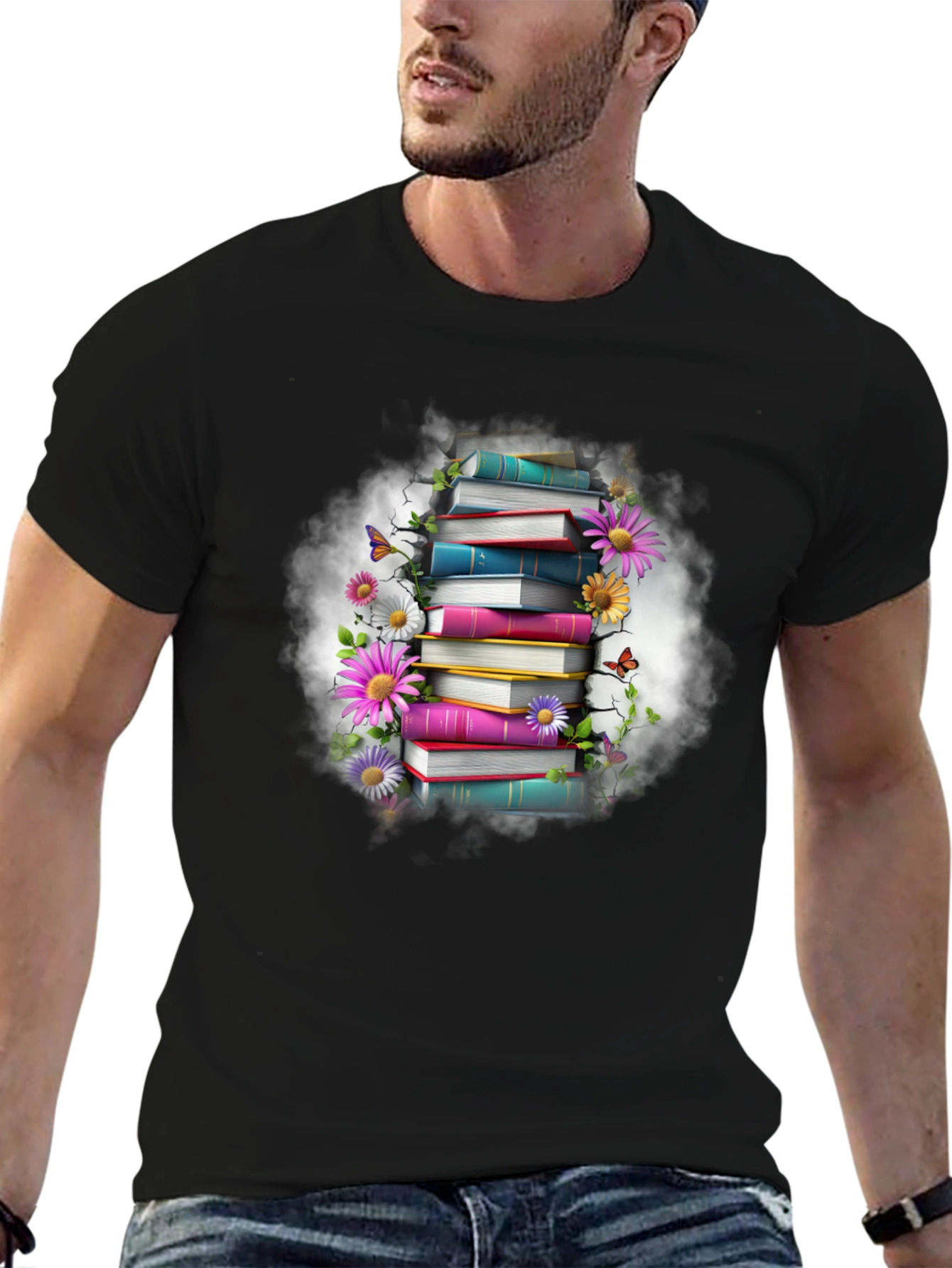 Book Stack & Floral T-Shirt - Unique Design