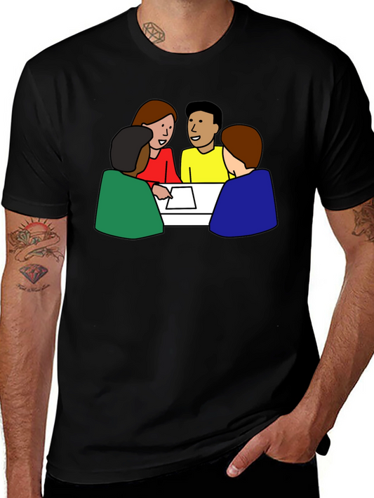 Black T-Shirt with Meeting Cartoon Graphic