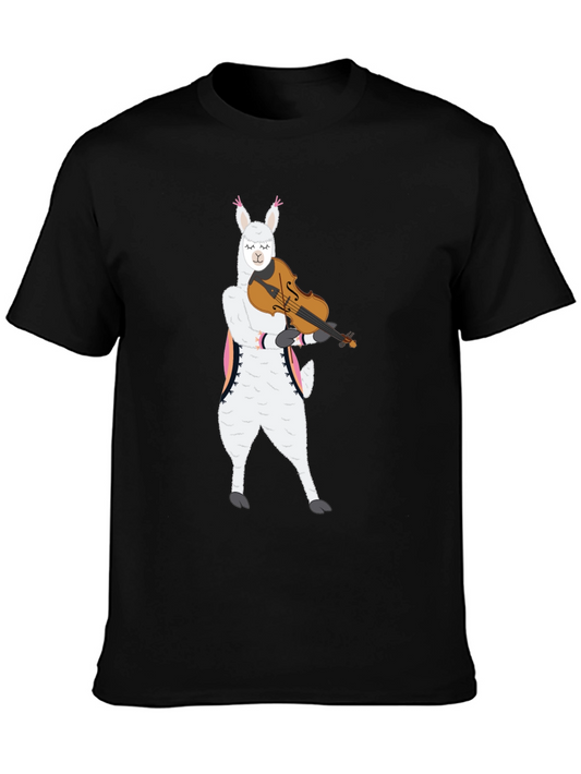 Llama Violinist Graphic Tee - Playful Black T-Shirt