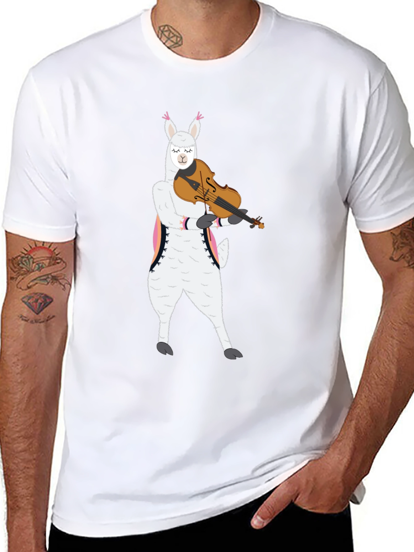 Llama Violinist Graphic Tee - Playful Black T-Shirt