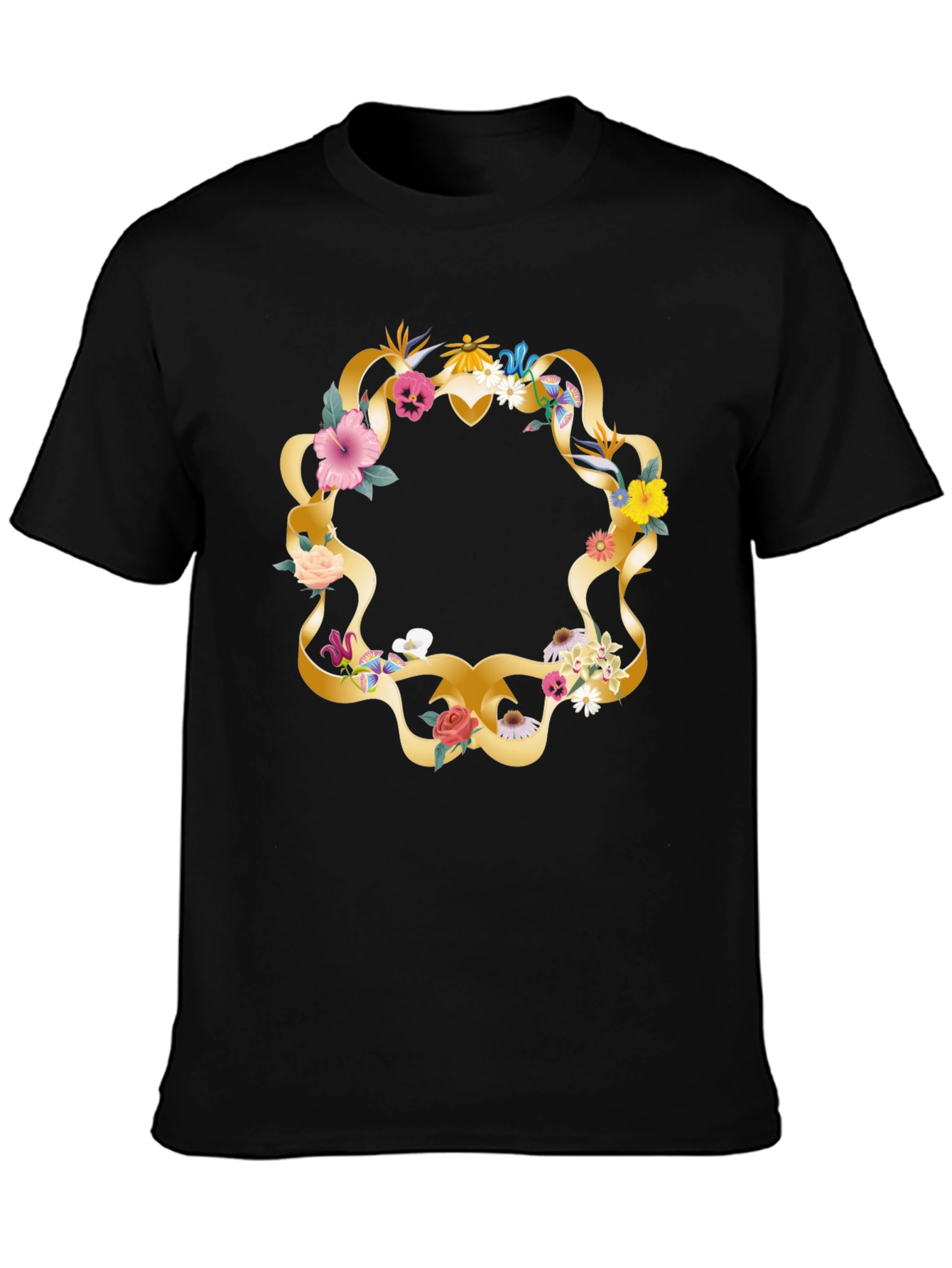 Floral Wreath Graphic Tee - Casual Black T-Shirt