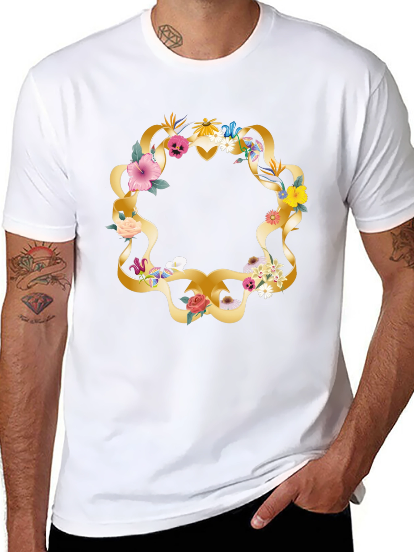 Floral Wreath Graphic Tee - Casual Black T-Shirt