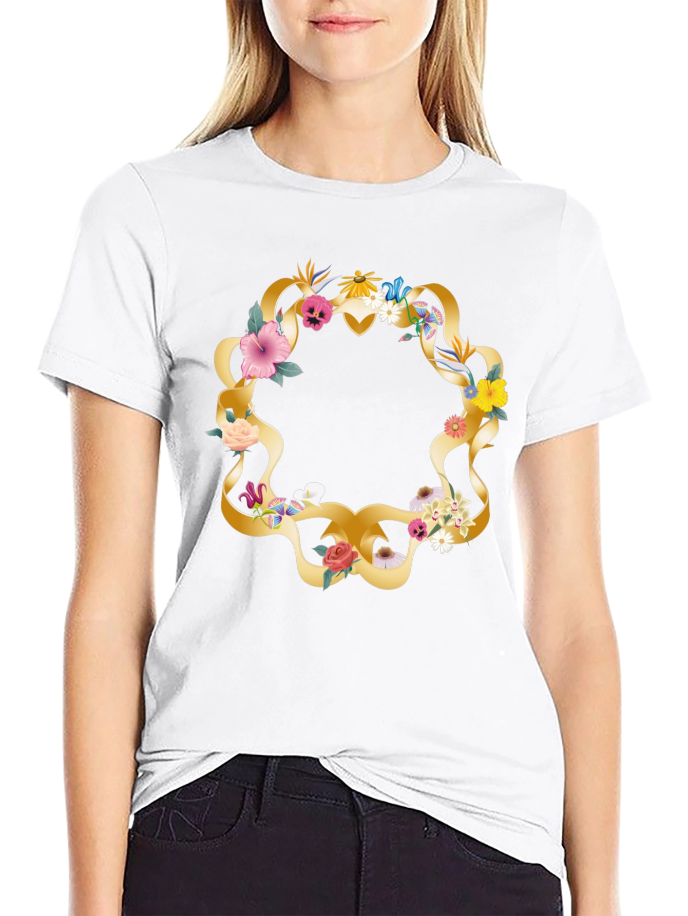 Floral Wreath Graphic Tee - Casual Black T-Shirt