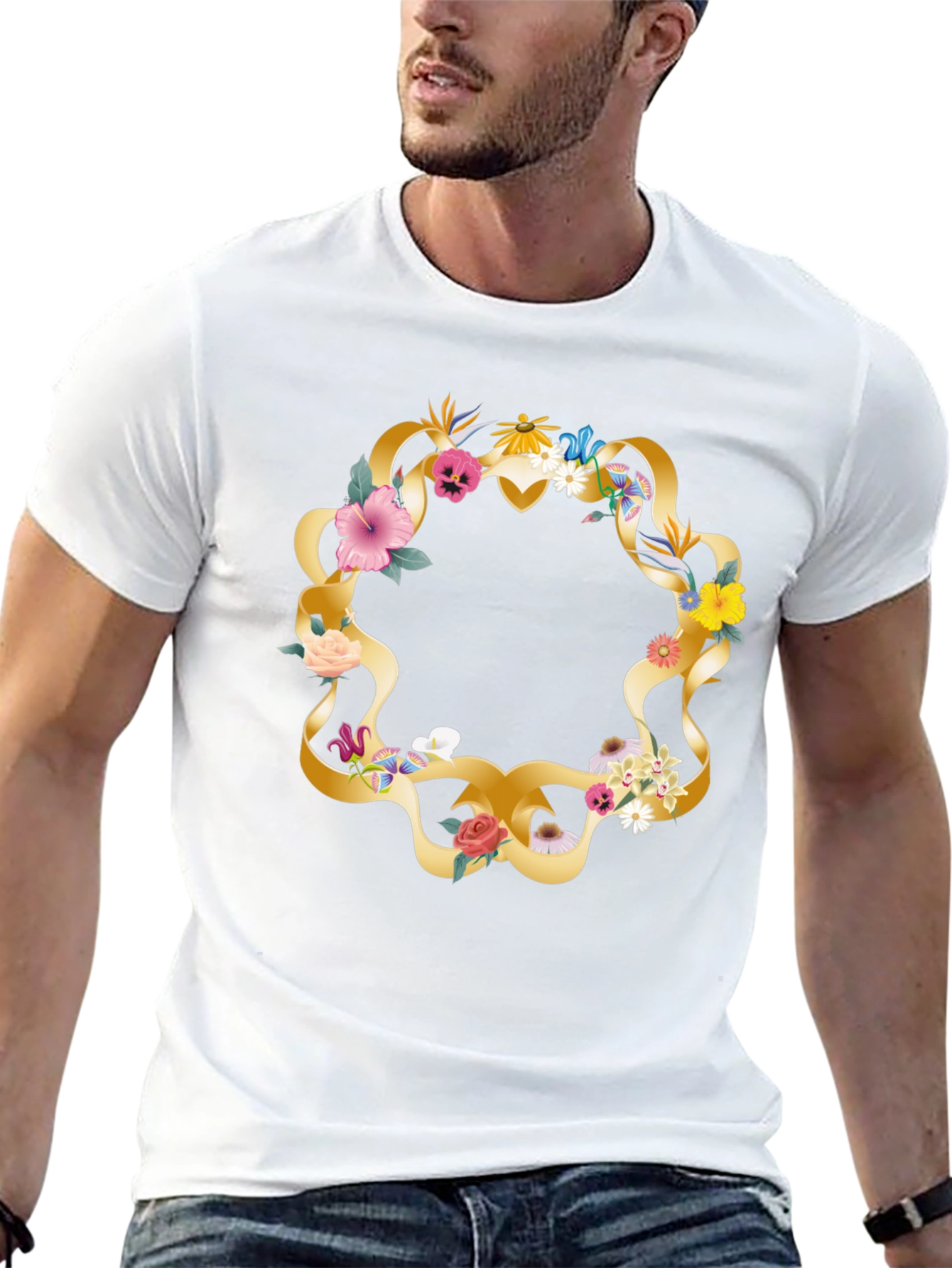 Floral Wreath Graphic Tee - Casual Black T-Shirt