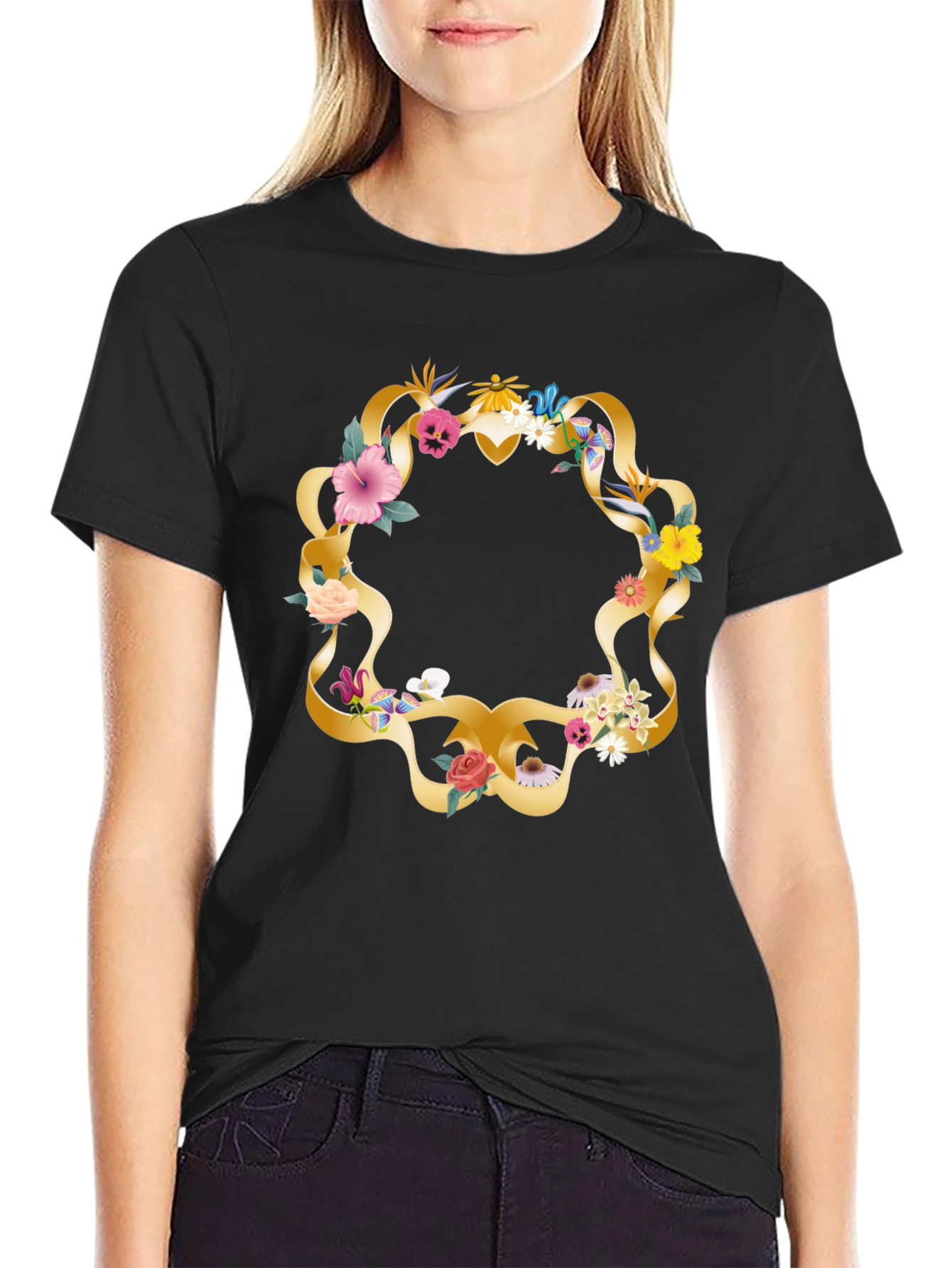 Floral Wreath Graphic Tee - Casual Black T-Shirt
