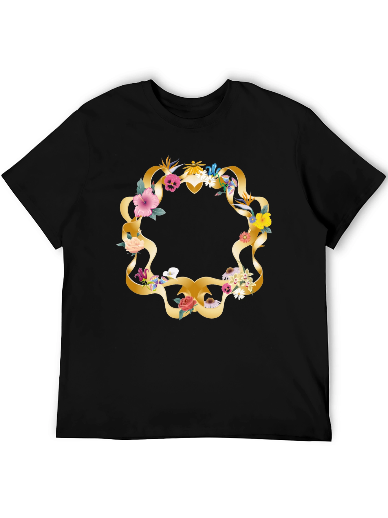 Floral Wreath Graphic Tee - Casual Black T-Shirt