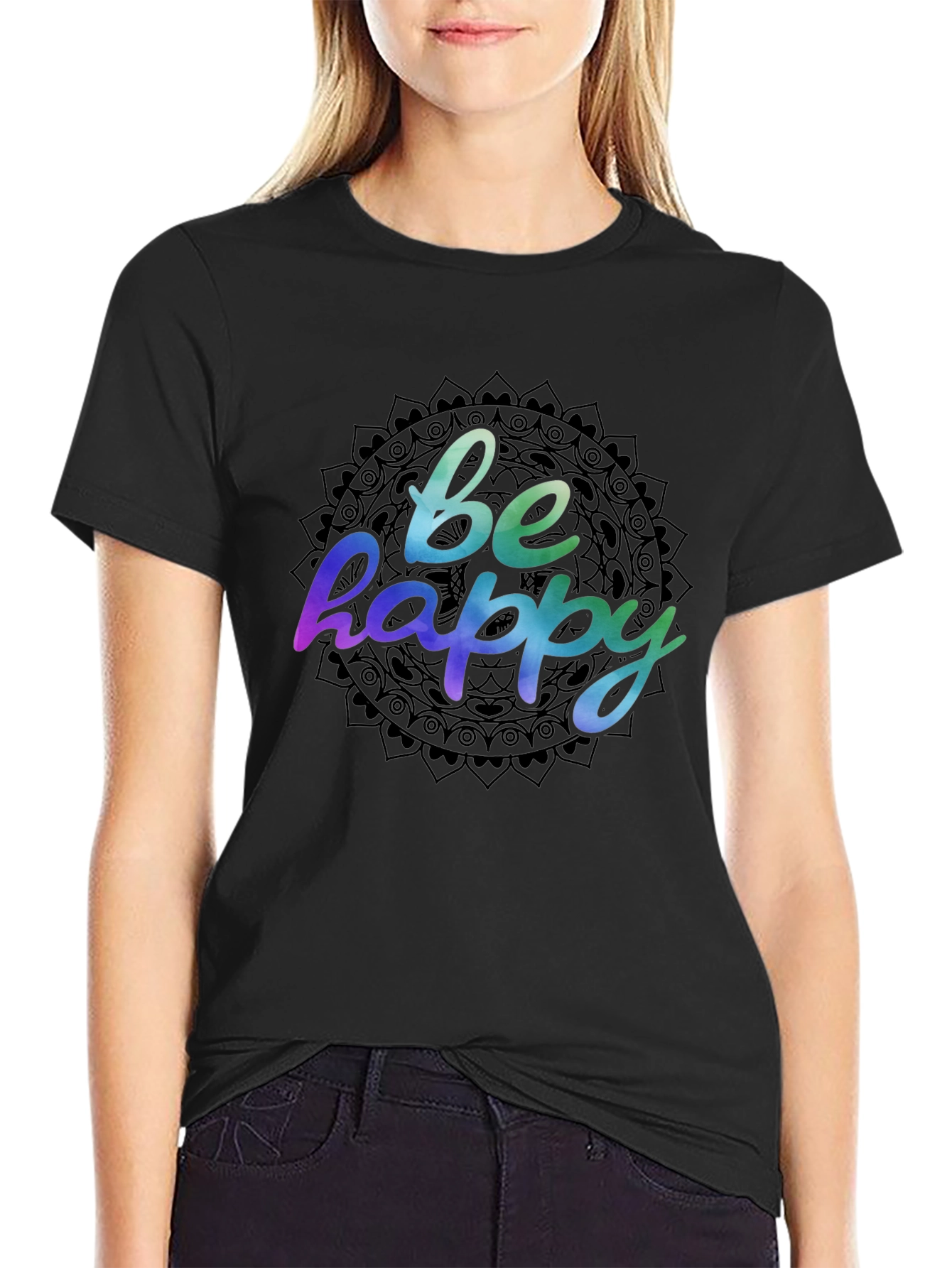 Be Happy Mandala Graphic Black T-Shirt