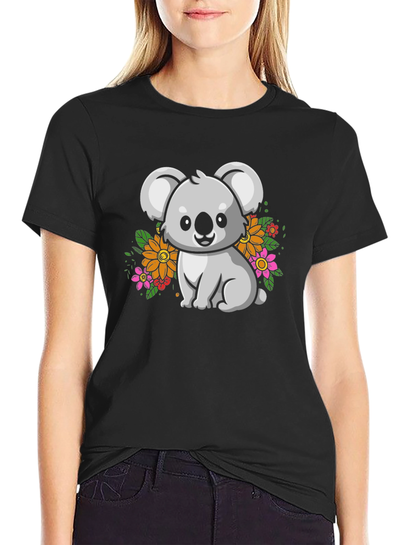 Cute Koala Bear Graphic Tee - Black Cotton T-Shirt