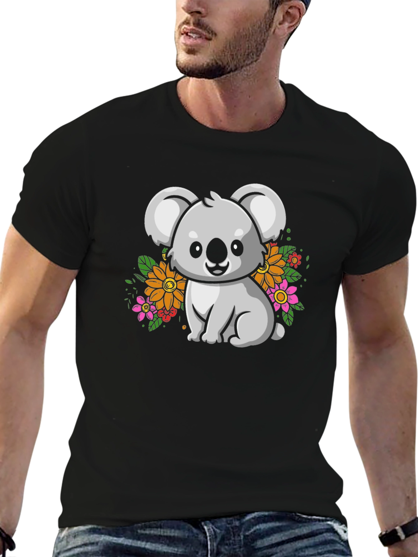 Cute Koala Bear Graphic Tee - Black Cotton T-Shirt