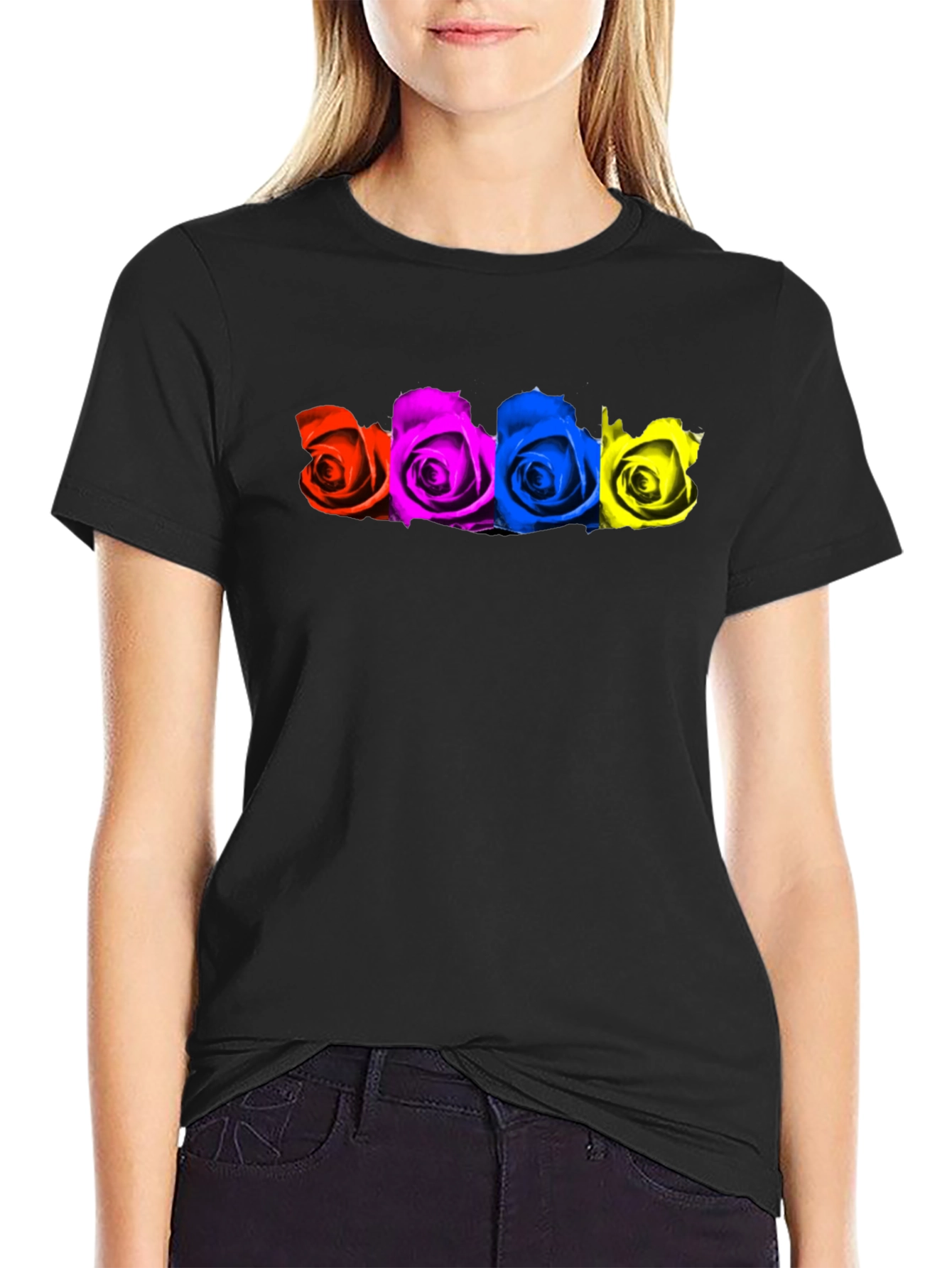 Colorful Roses Black T-Shirt