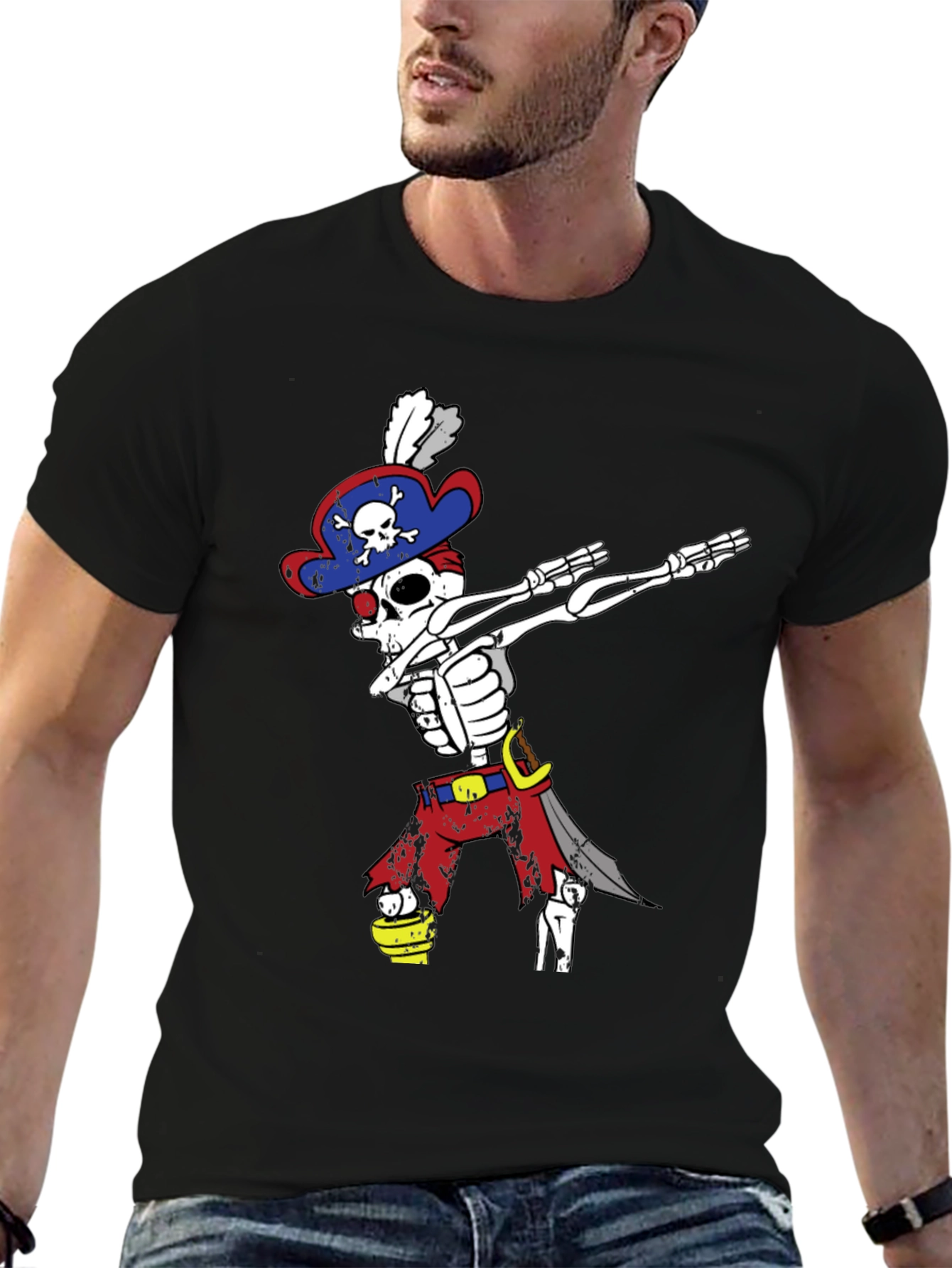 Dabbing Pirate Skeleton T-Shirt - Mens Black Tee