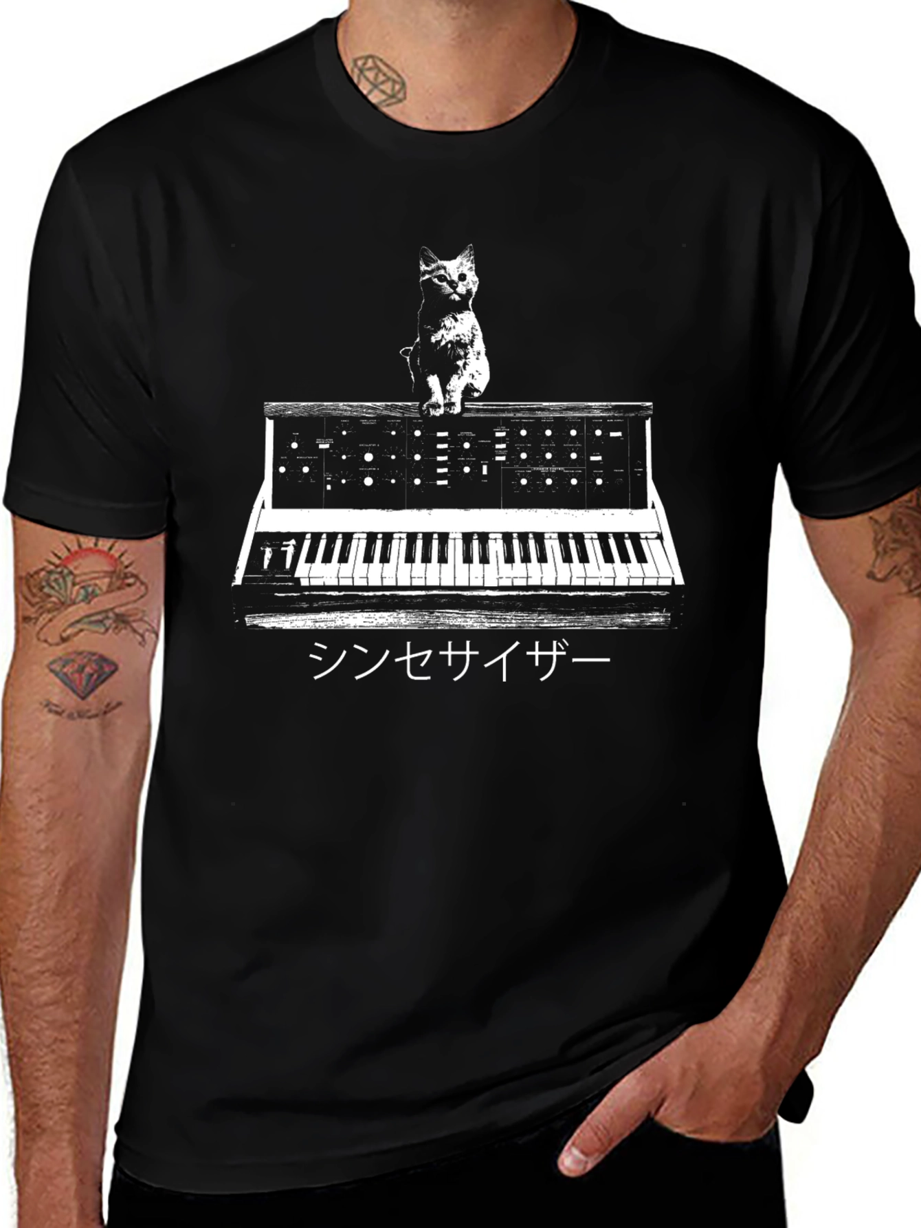 Cat Synthesizer Graphic T-Shirt - Black
