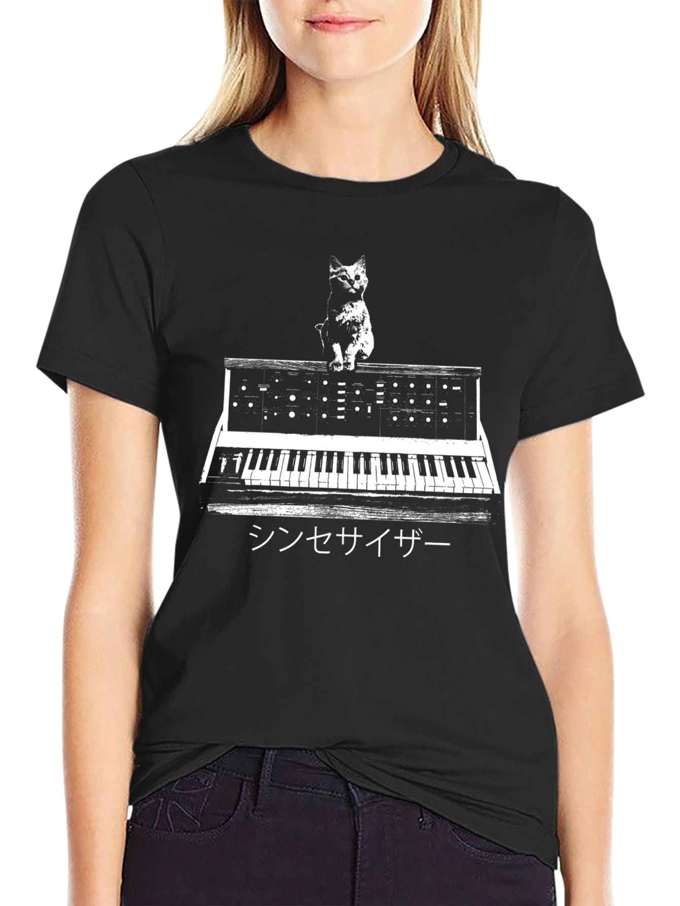 Cat Synthesizer Graphic T-Shirt - Black