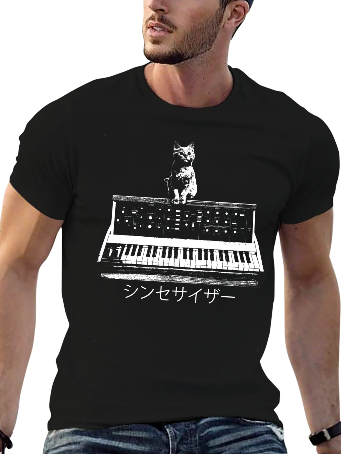 Cat Synthesizer Graphic T-Shirt - Black