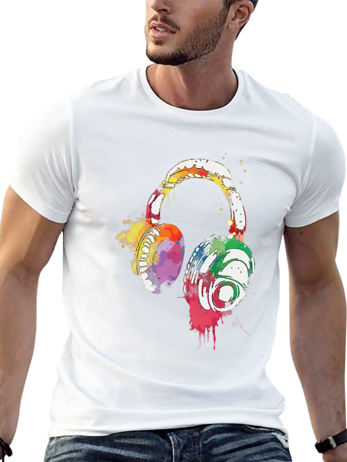 Watercolor Headphones Black T-Shirt