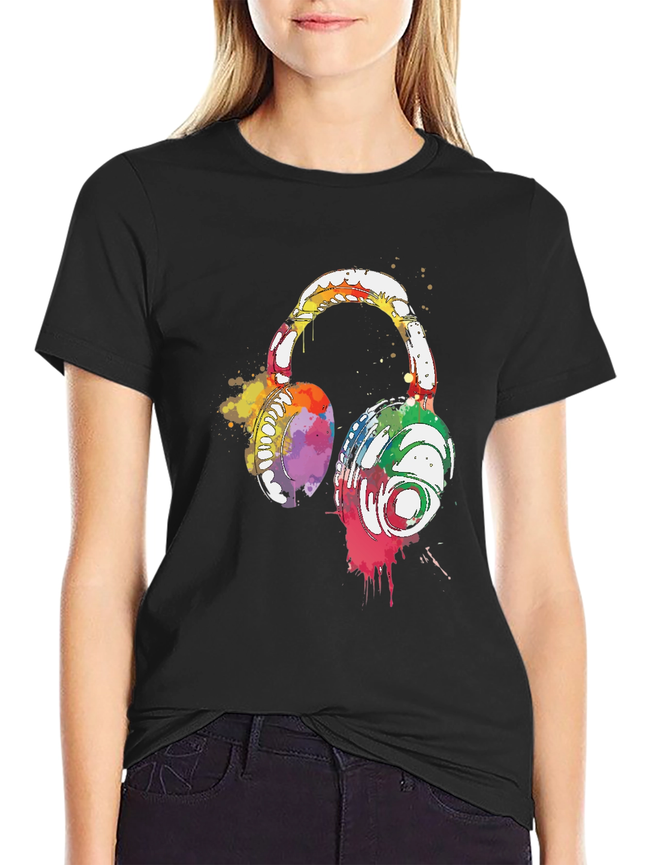 Watercolor Headphones Black T-Shirt