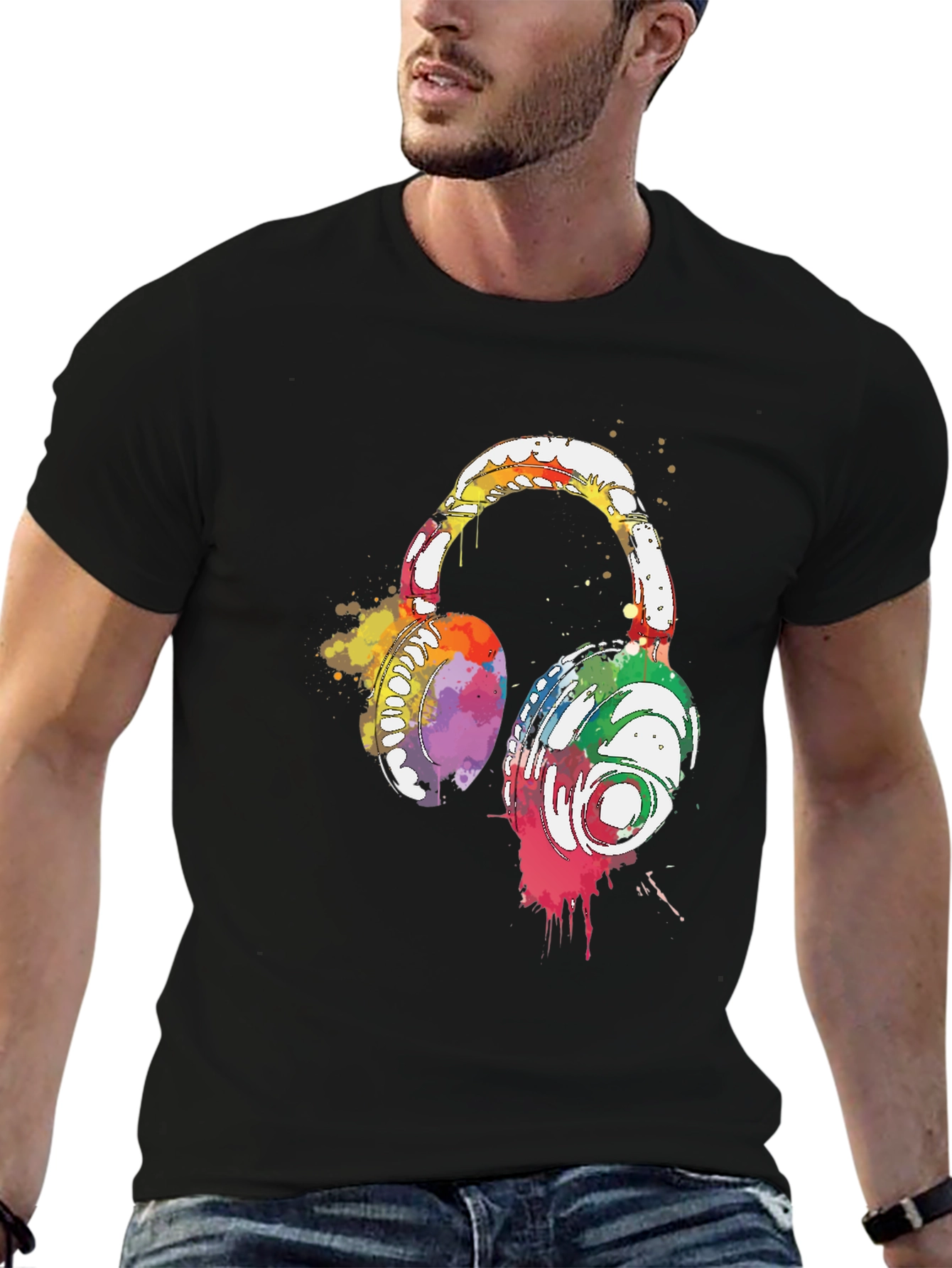 Watercolor Headphones Black T-Shirt