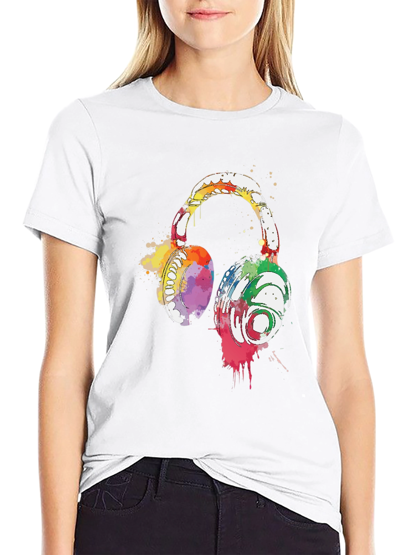 Watercolor Headphones Black T-Shirt
