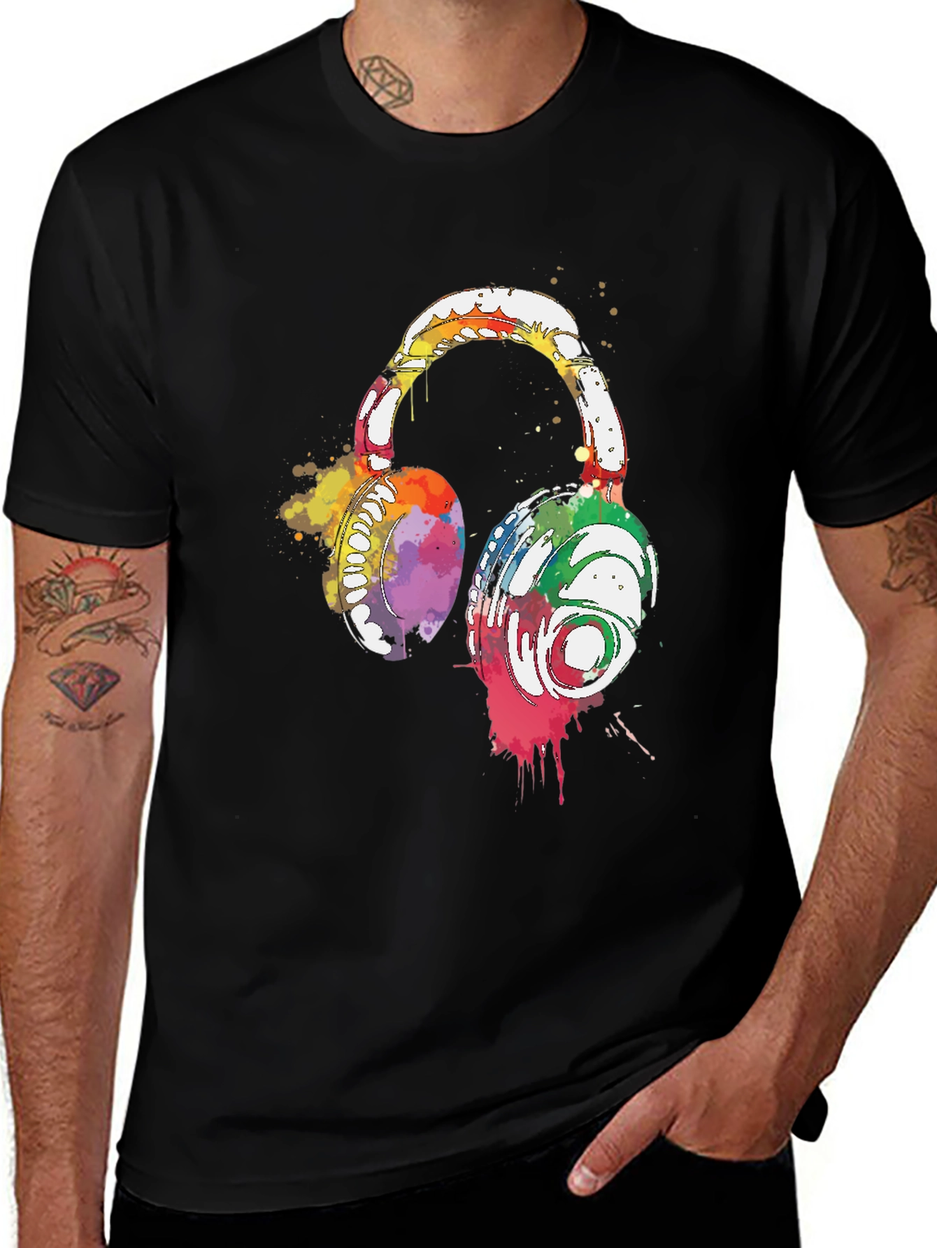 Watercolor Headphones Black T-Shirt