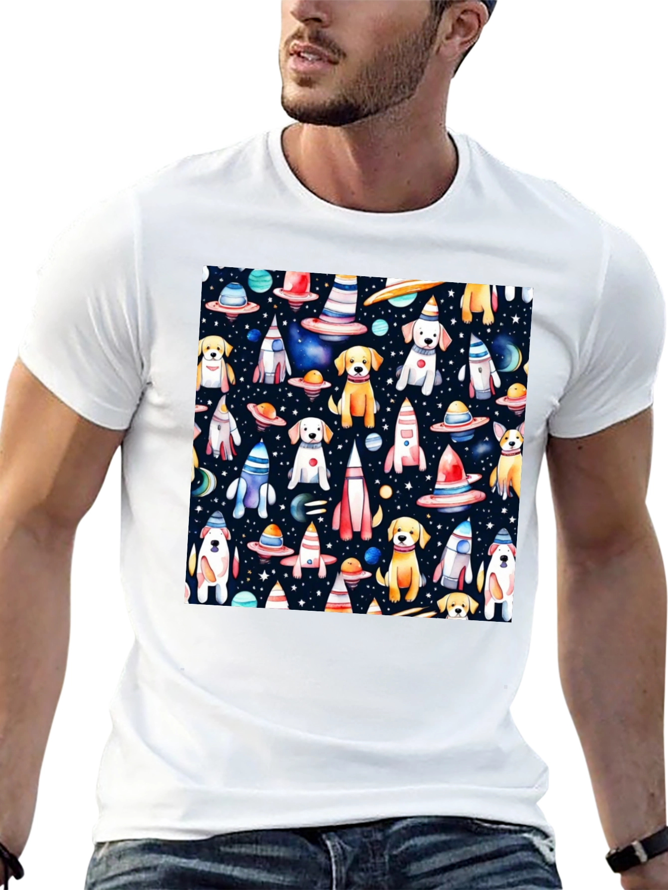 Space Dog Pattern Black T-Shirt