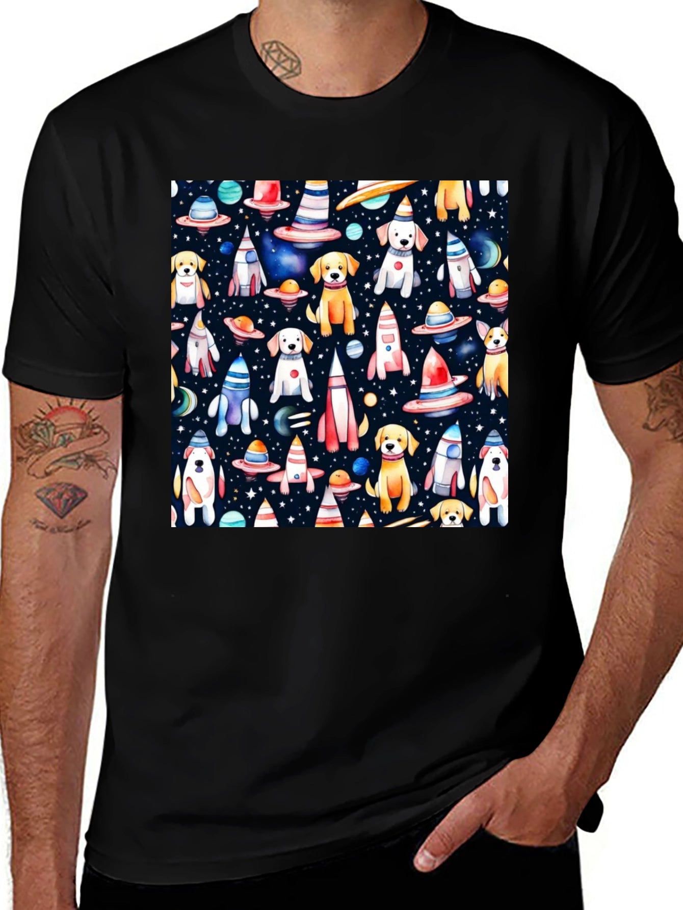 Space Dog Pattern Black T-Shirt