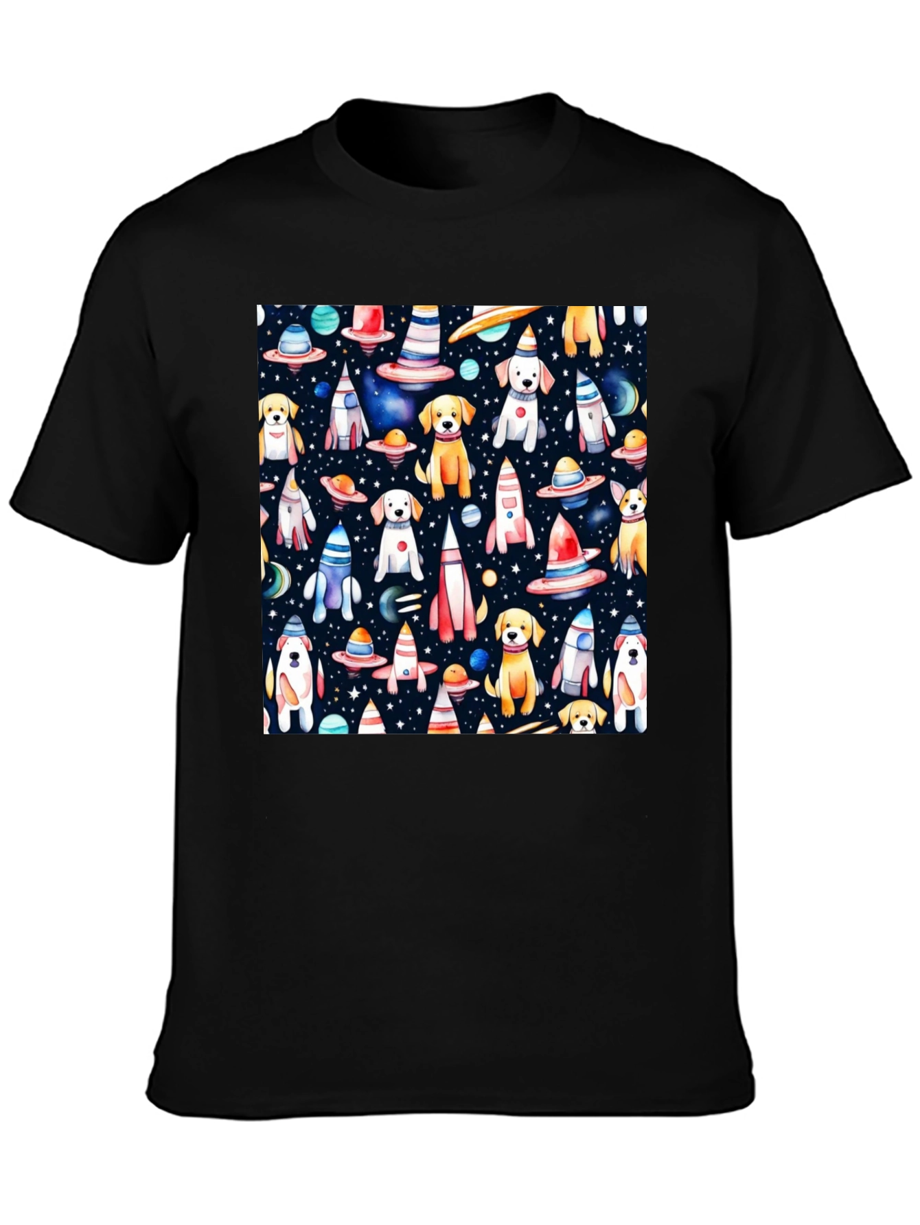 Space Dog Pattern Black T-Shirt
