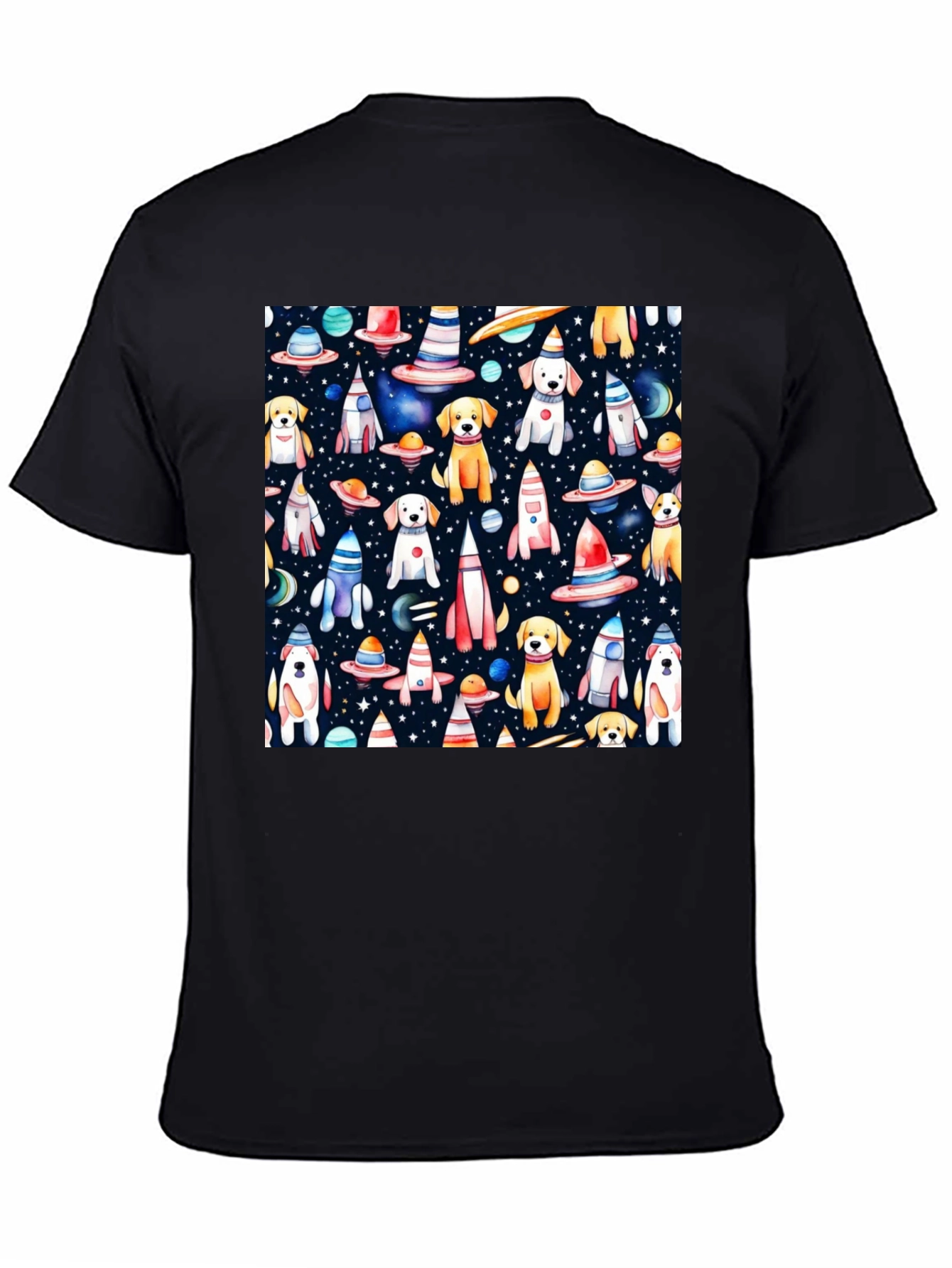 Space Dog Pattern Black T-Shirt