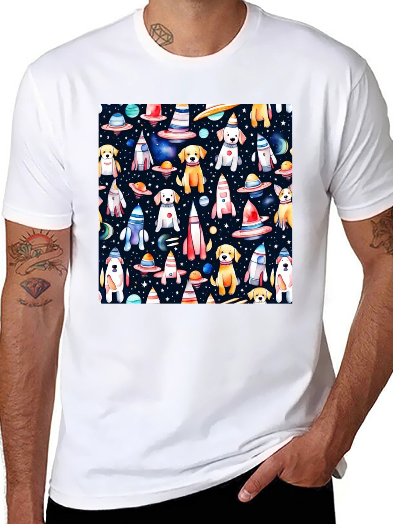 Space Dog Pattern Black T-Shirt