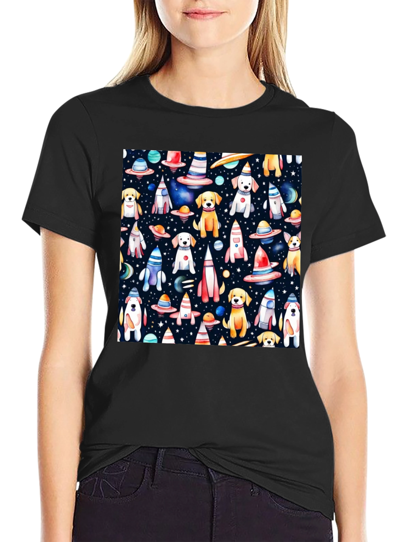Space Dog Pattern Black T-Shirt