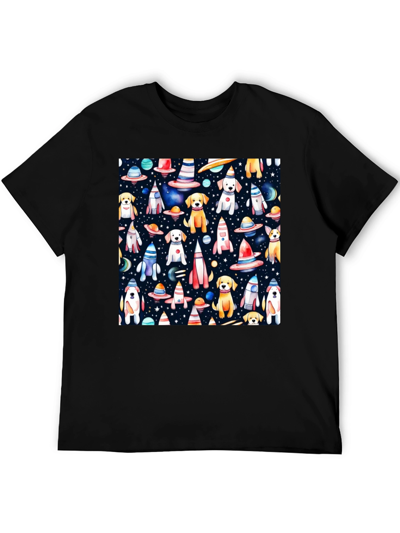 Space Dog Pattern Black T-Shirt
