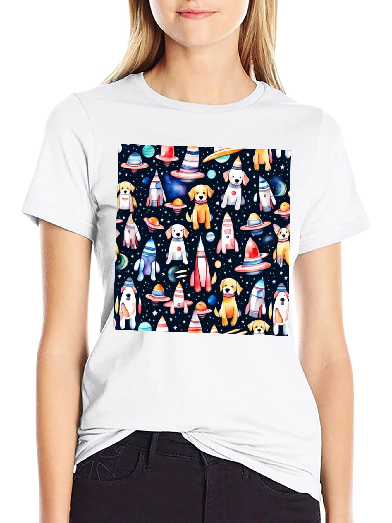 Space Dog Pattern Black T-Shirt