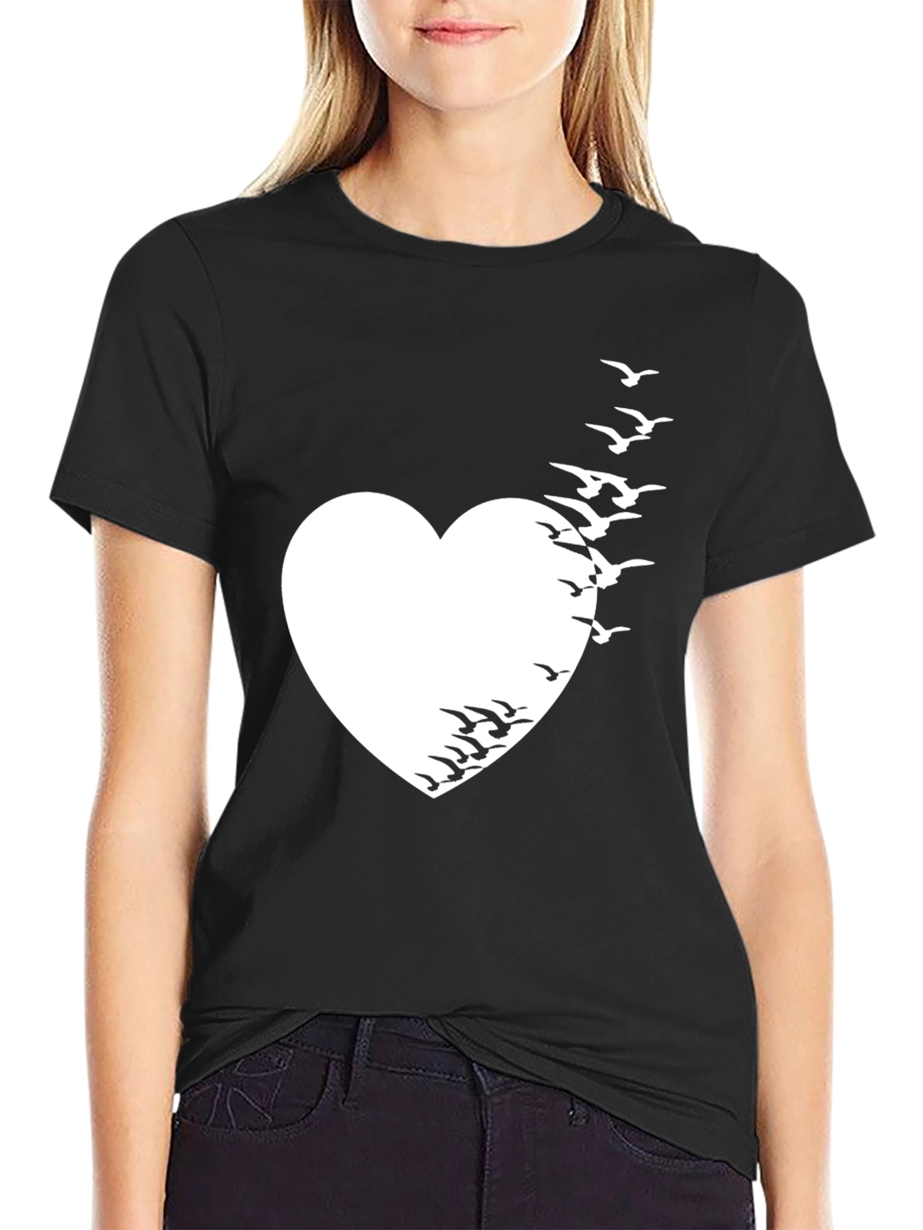 Heart & Birds Graphic Tee - Unique Black T-Shirt