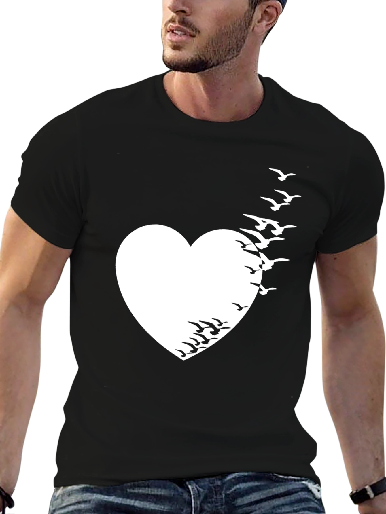 Heart & Birds Graphic Tee - Unique Black T-Shirt