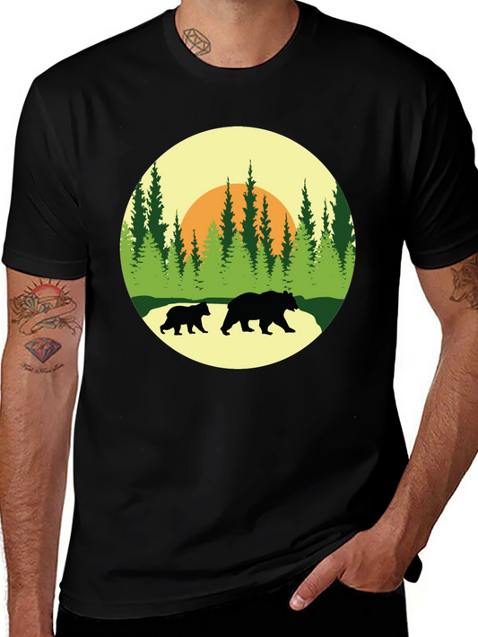 Bear Family Forest Graphic Tee - Black Cotton Shirt