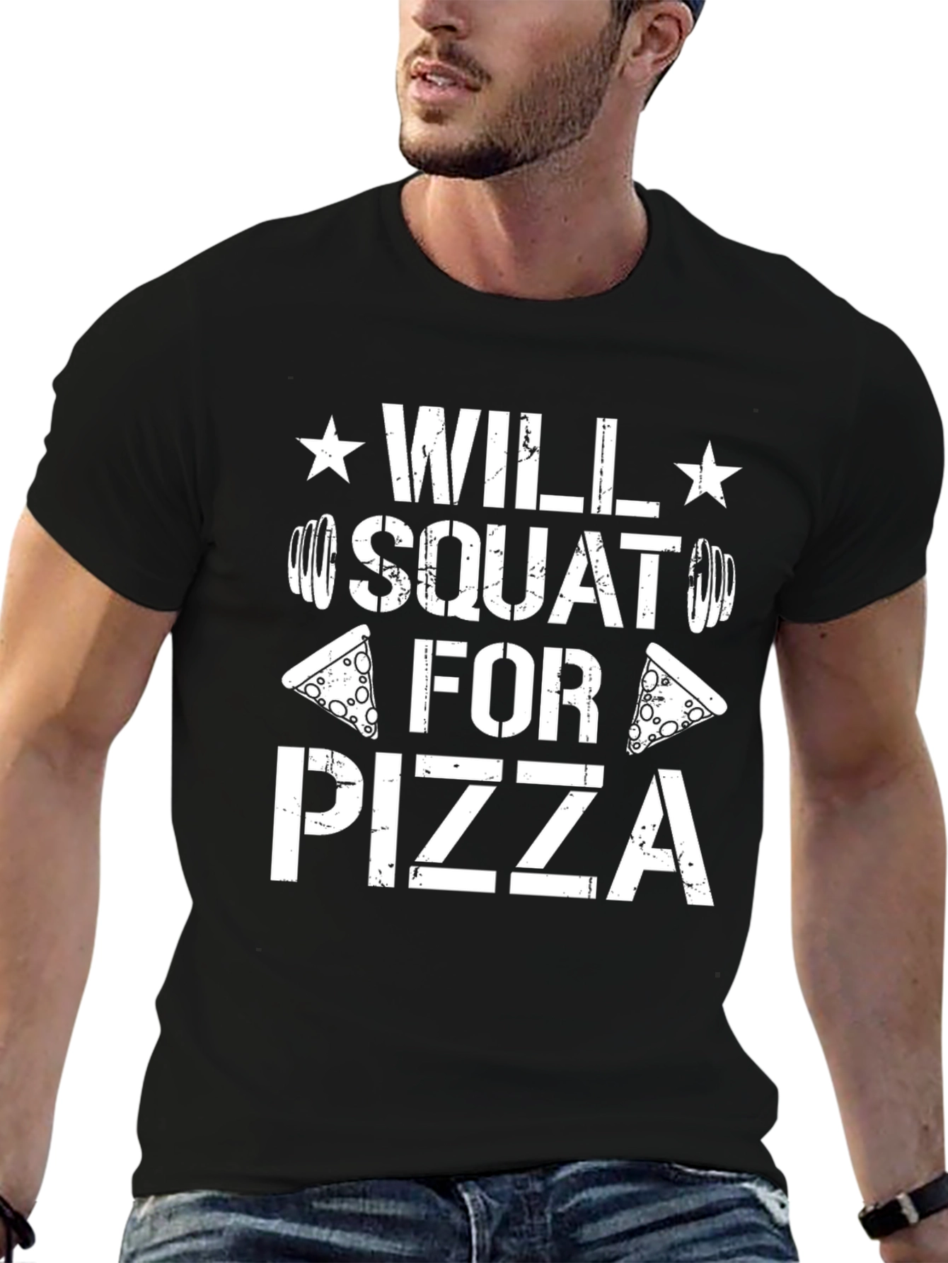 Will Squat For Pizza Mens Black Graphic T-Shirt