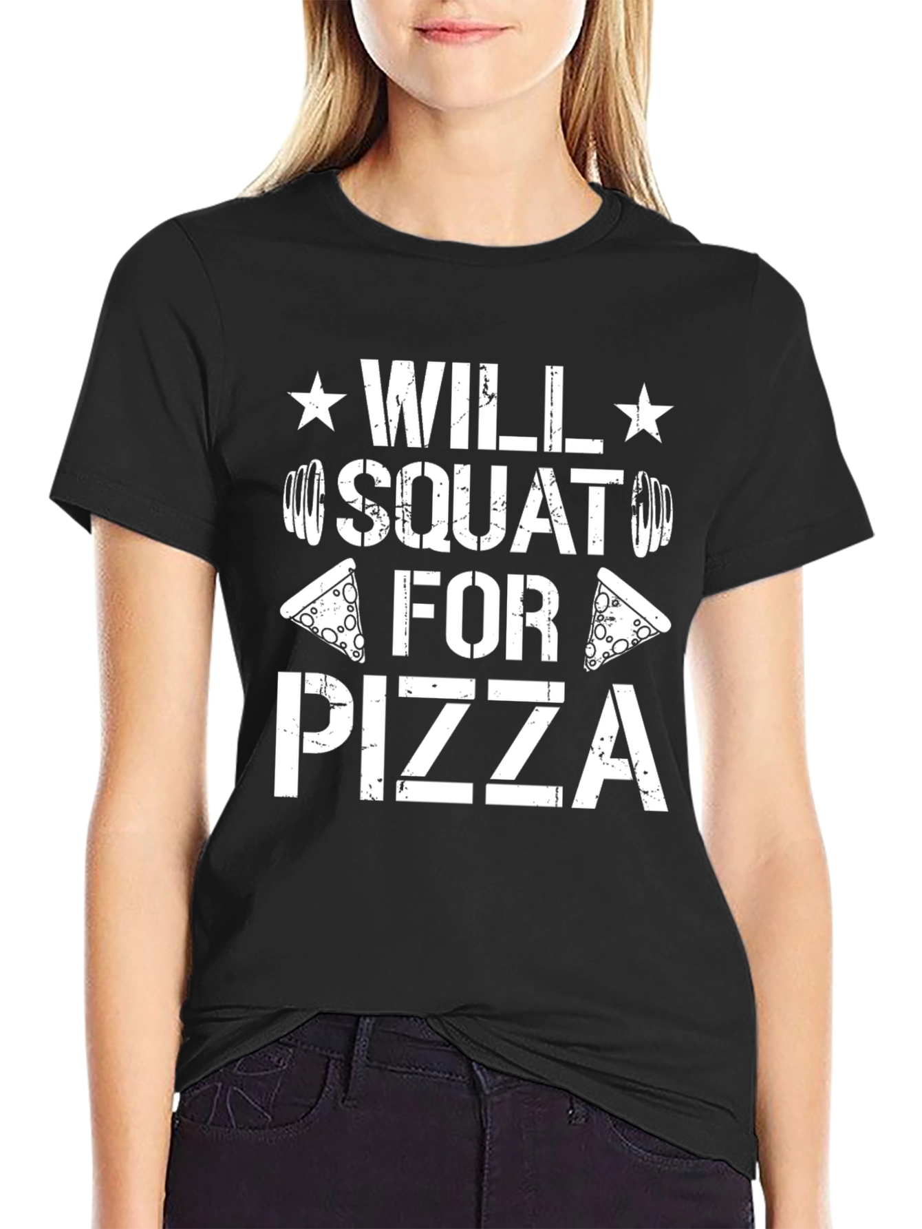 Will Squat For Pizza Mens Black Graphic T-Shirt