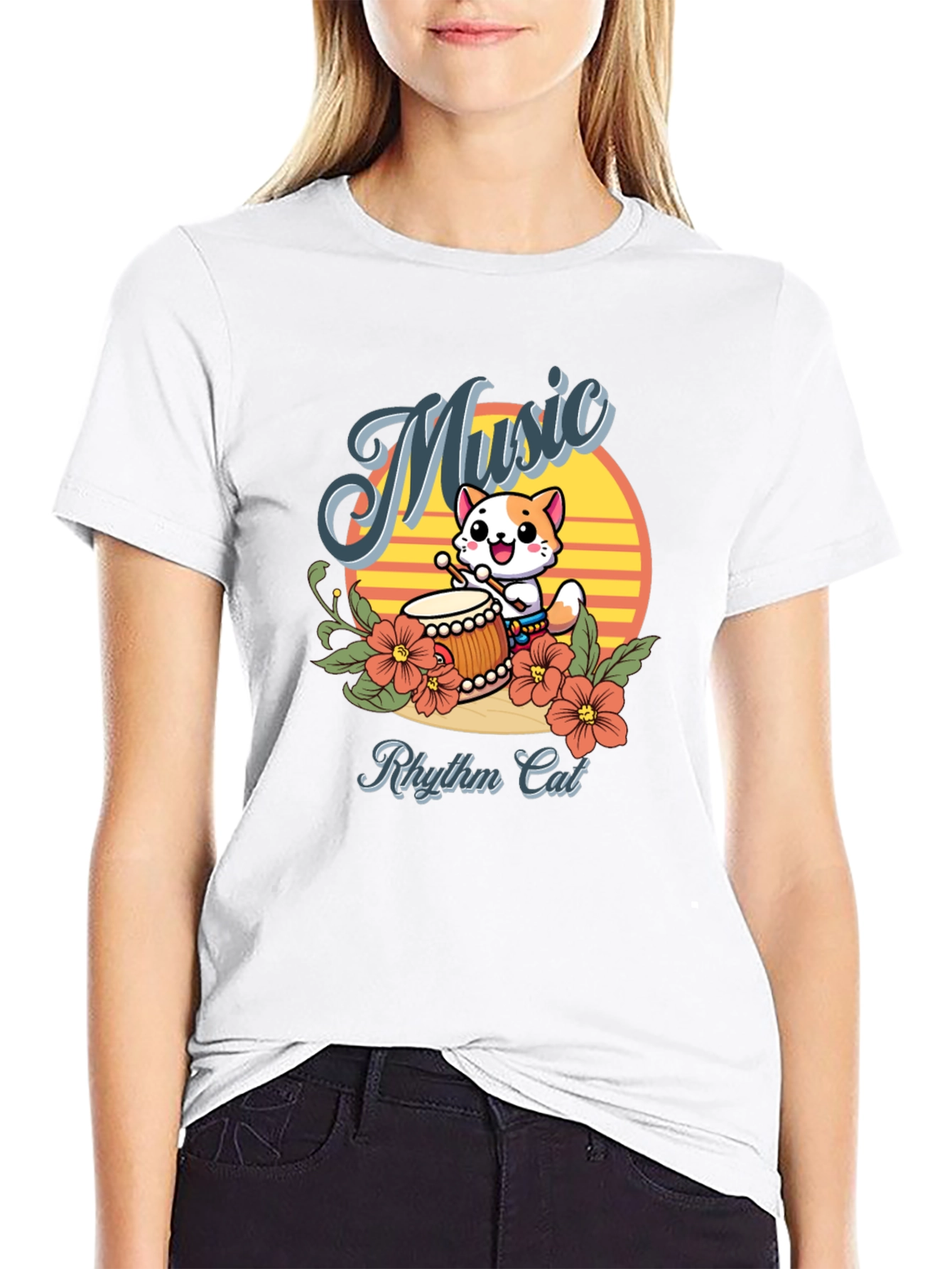 Rhythm Cat Music T-Shirt - Cool Cat Drummer Tee