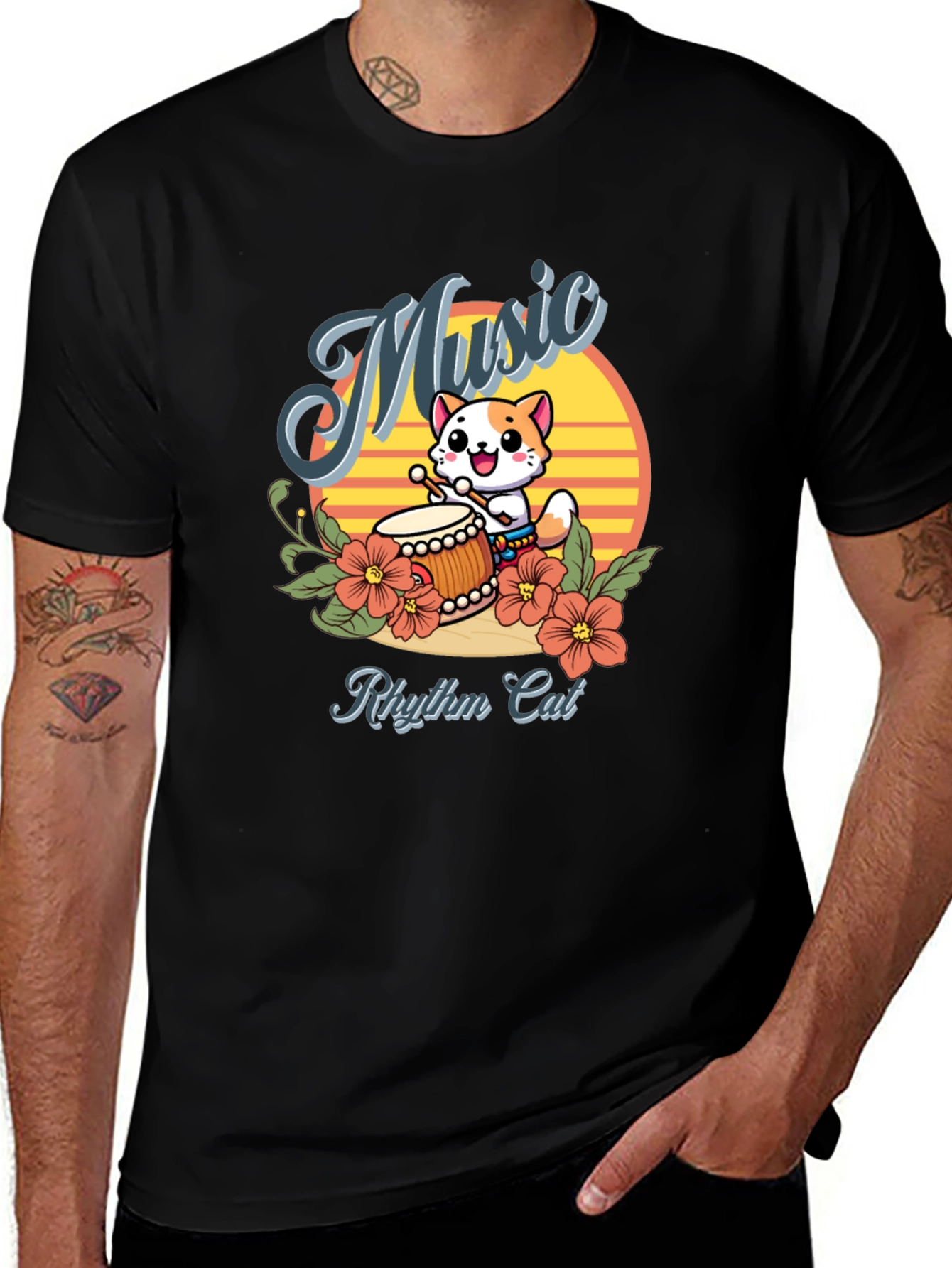Rhythm Cat Music T-Shirt - Cool Cat Drummer Tee