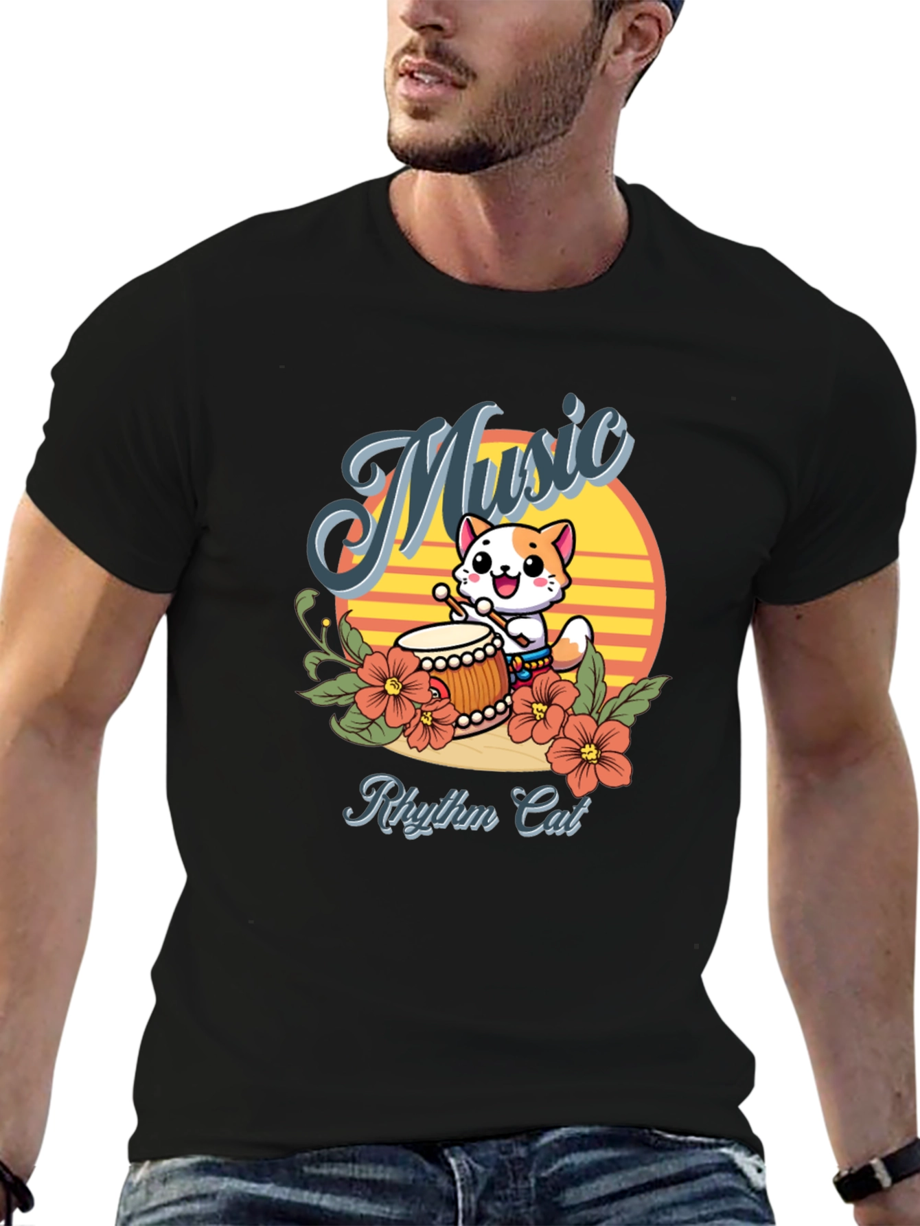 Rhythm Cat Music T-Shirt - Cool Cat Drummer Tee