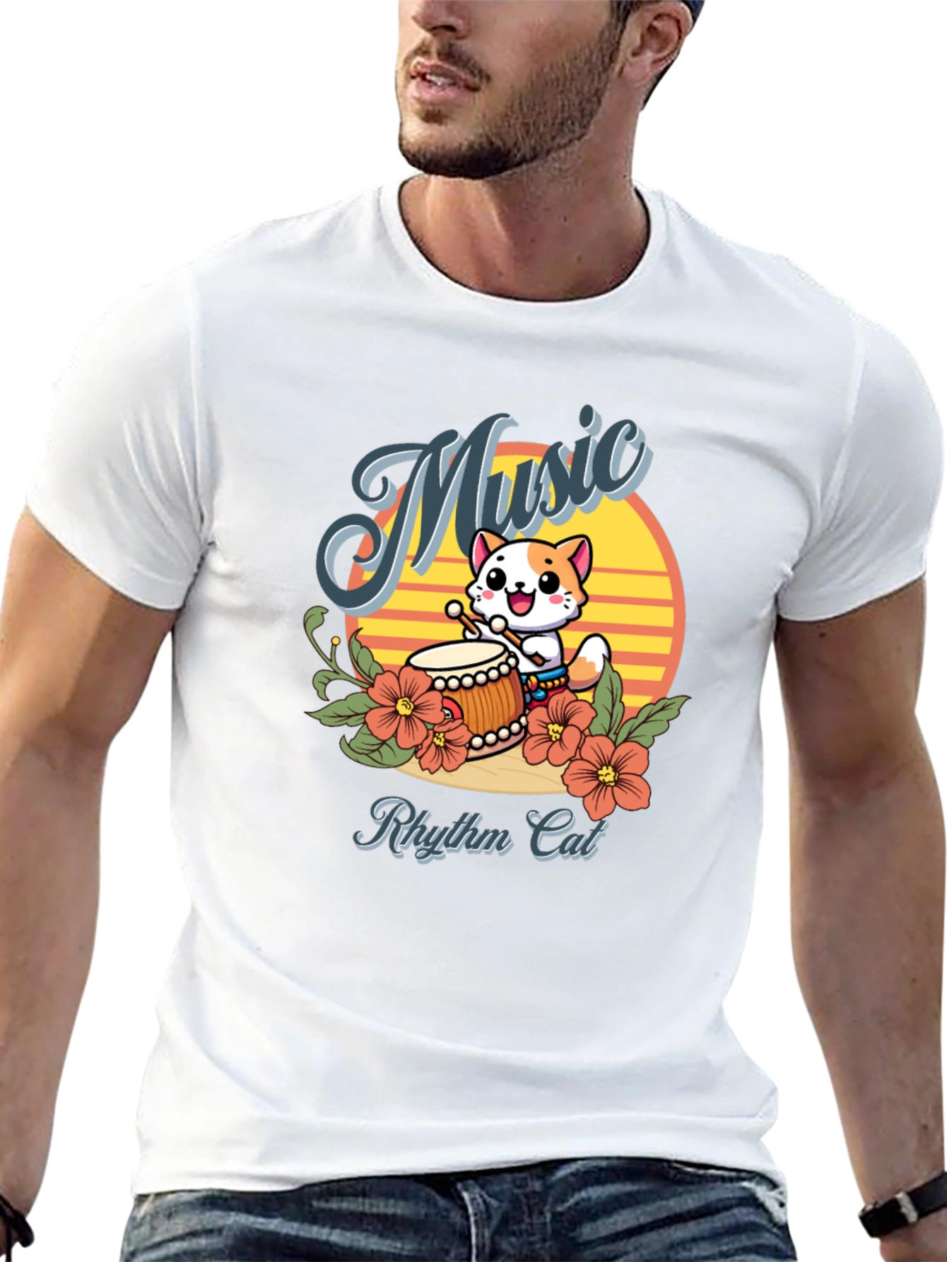 Rhythm Cat Music T-Shirt - Cool Cat Drummer Tee