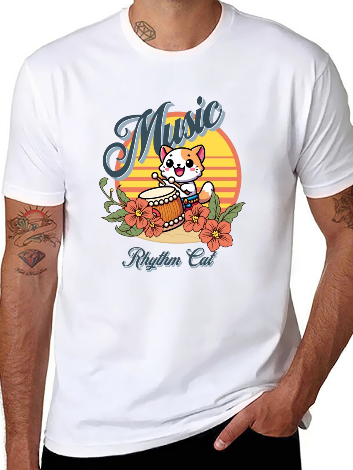 Rhythm Cat Music T-Shirt - Cool Cat Drummer Tee