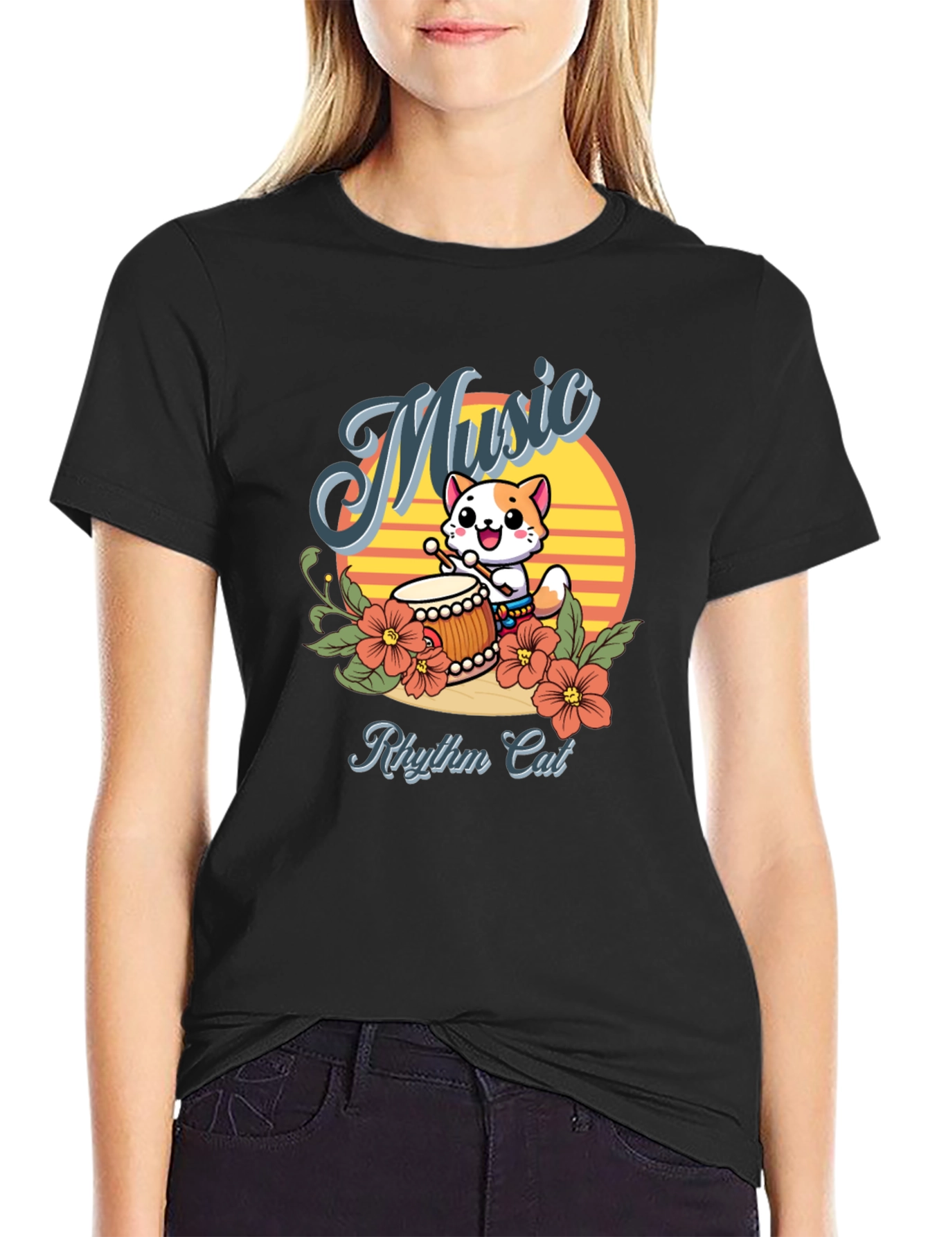 Rhythm Cat Music T-Shirt - Cool Cat Drummer Tee