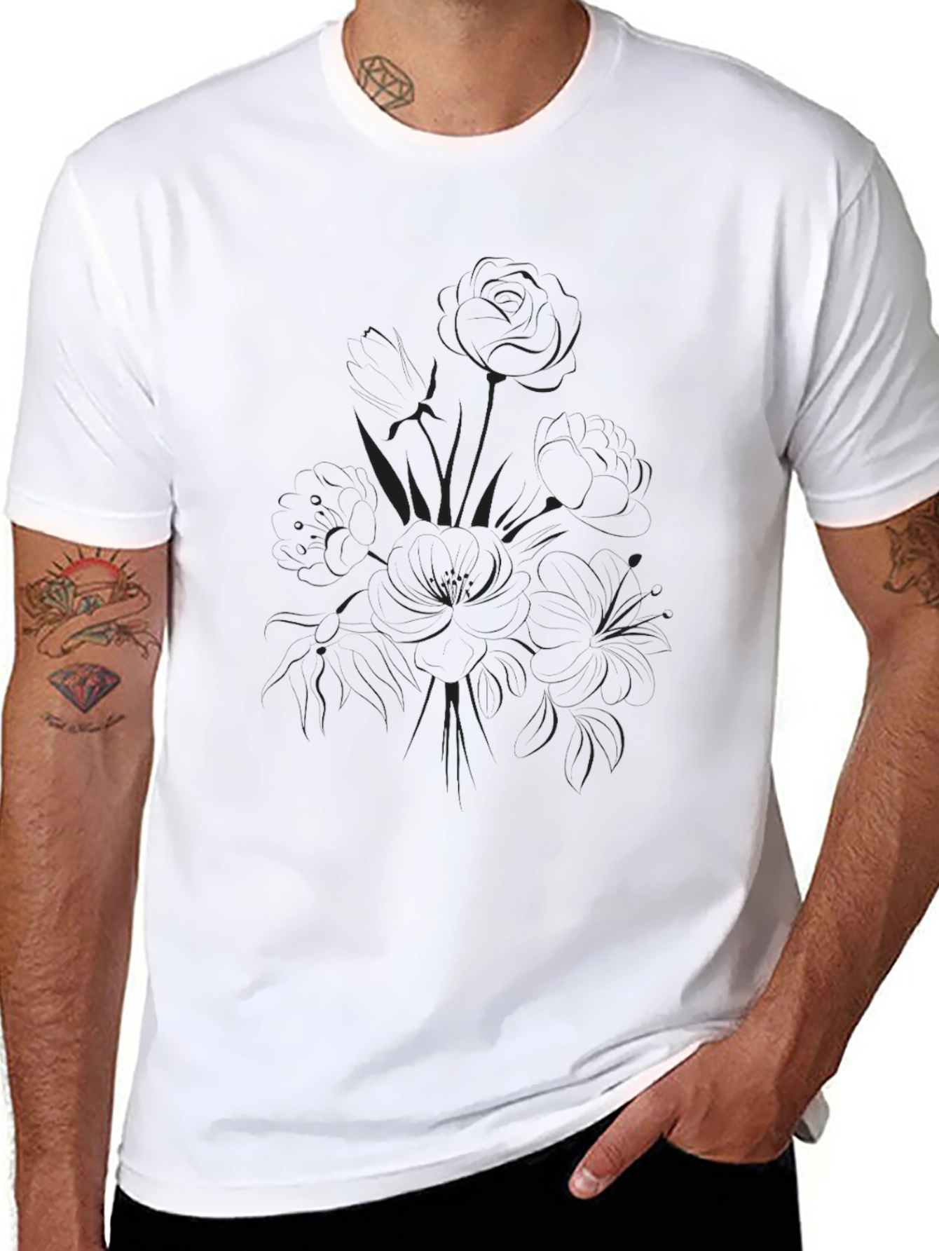 Mens Black Lily Graphic Tee - Casual Comfort
