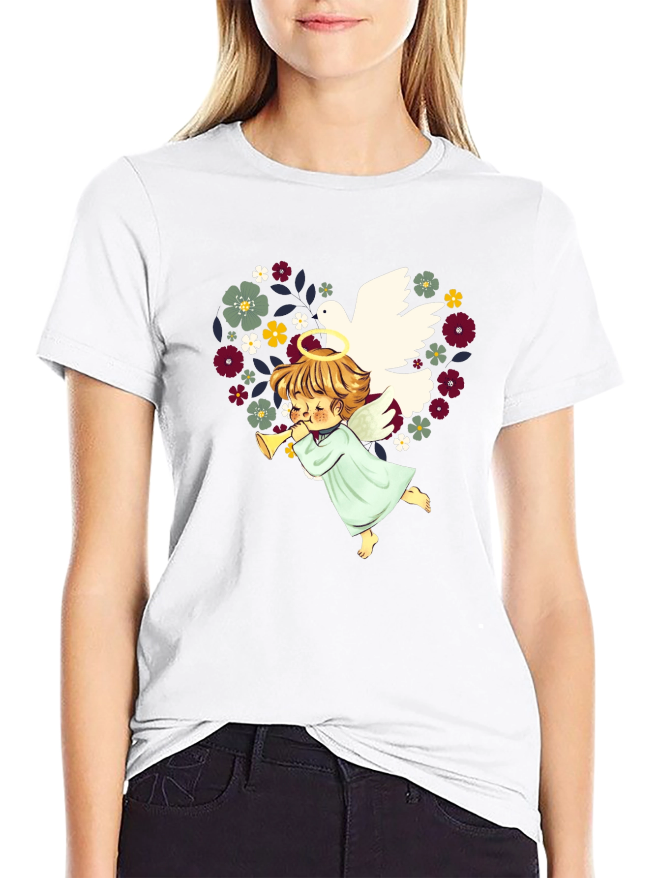 Angel Dove Heart Floral T-Shirt