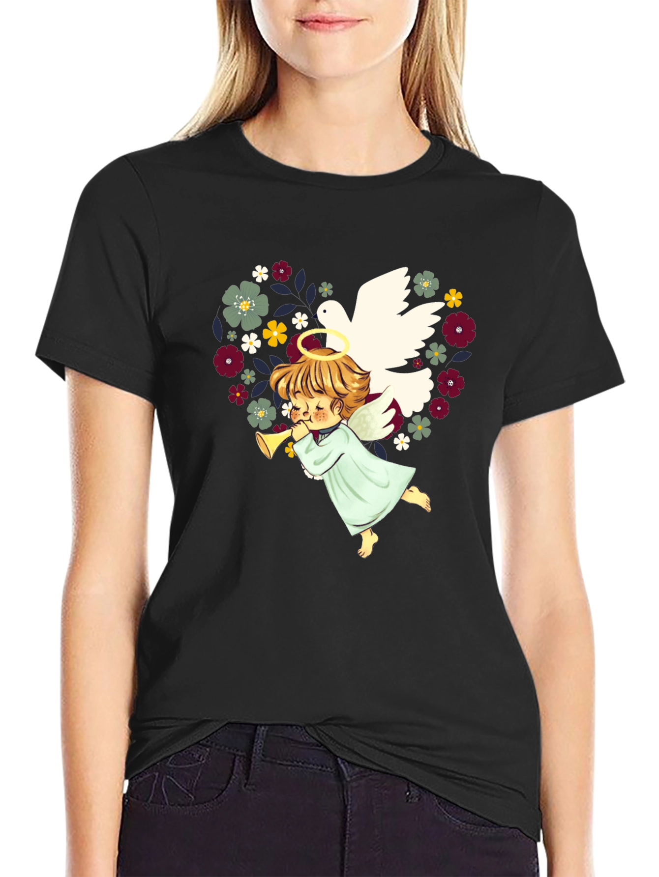 Angel Dove Heart Floral T-Shirt
