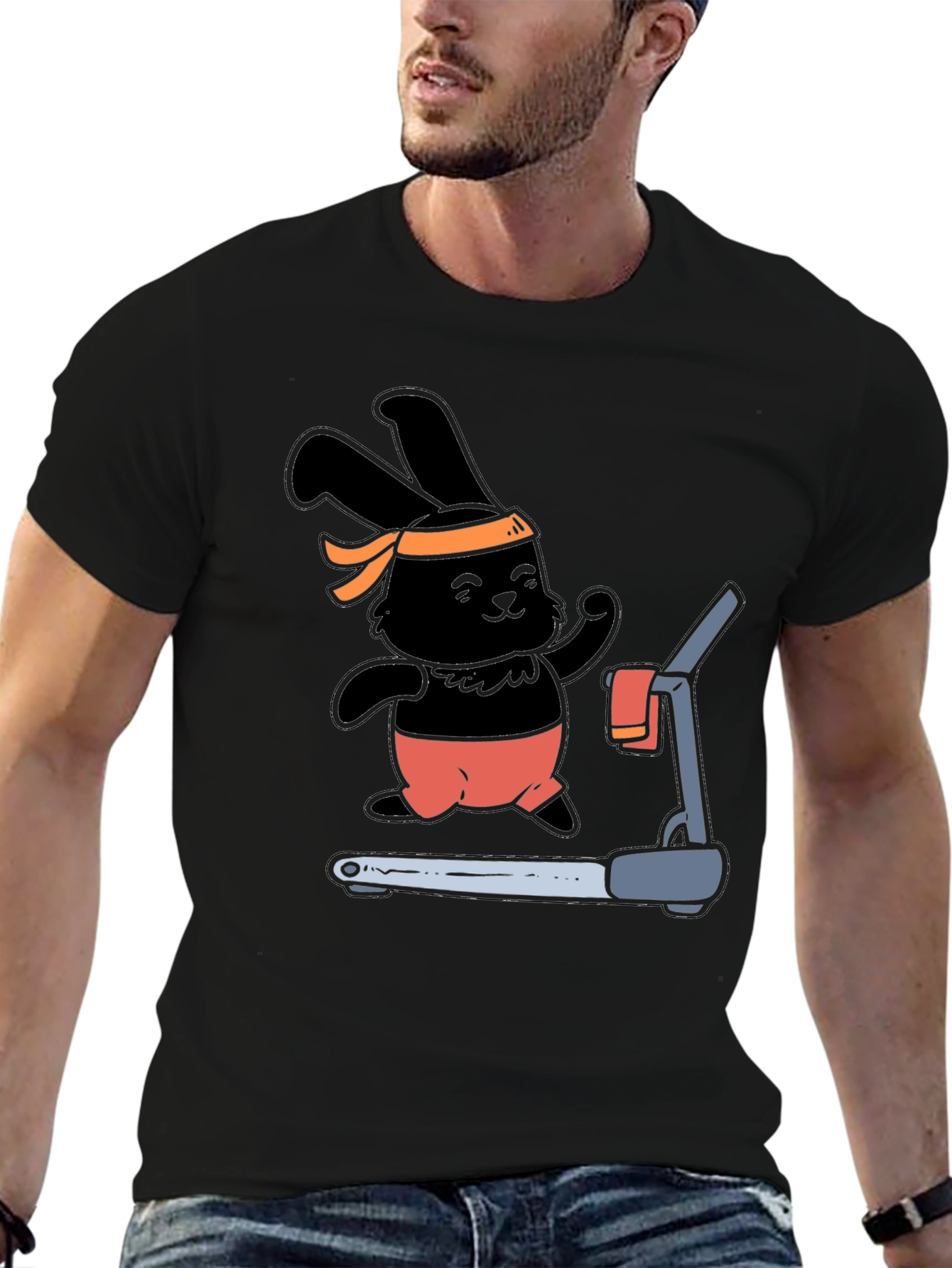 Bunny Treadmill T-Shirt - Black Cotton Gym Tee