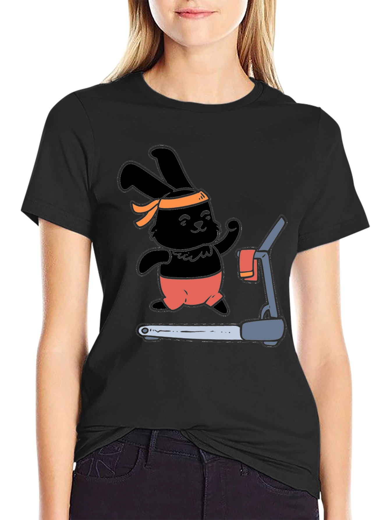 Bunny Treadmill T-Shirt - Black Cotton Gym Tee