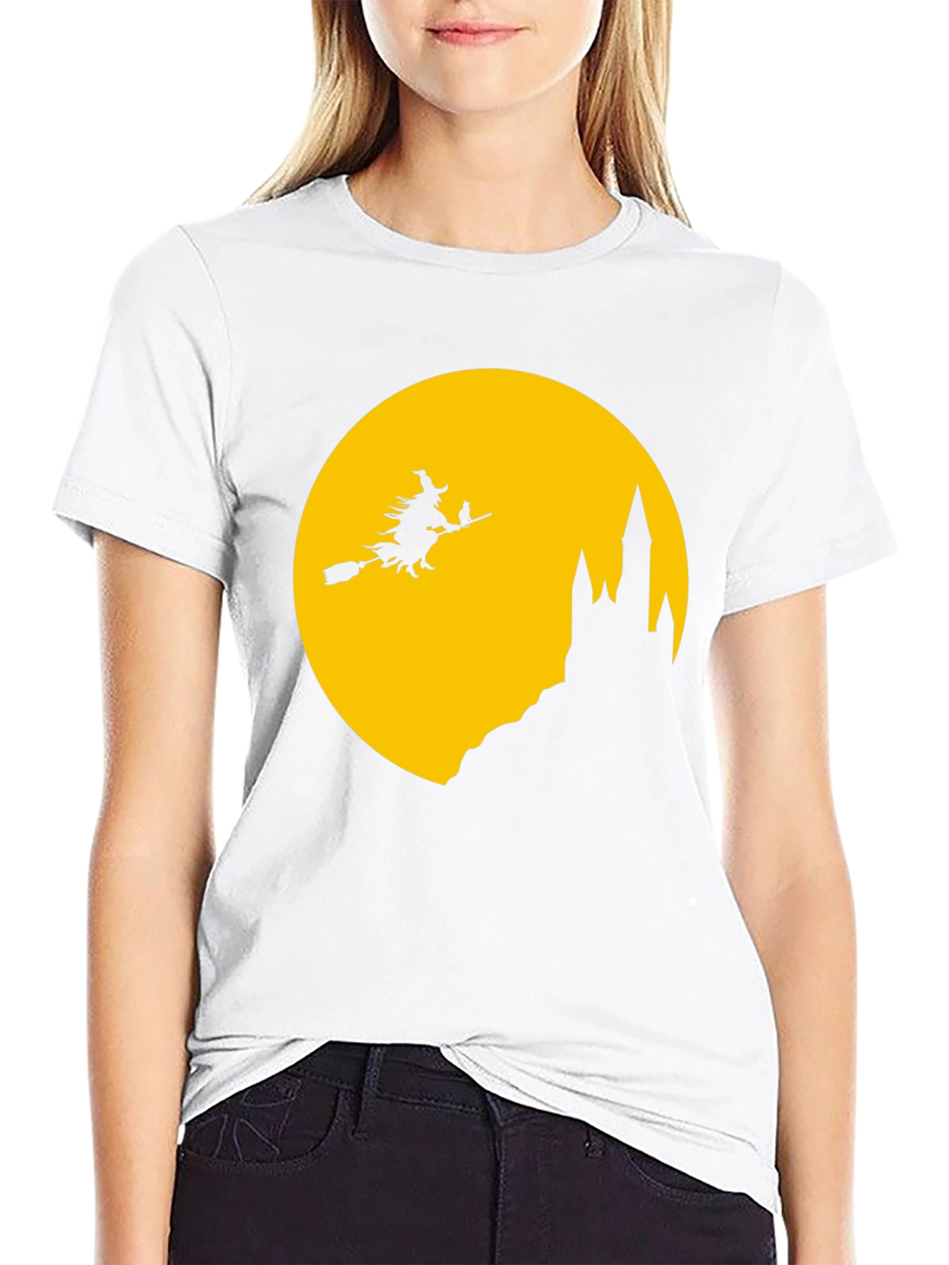 Halloween Witch on Broomstick Black T-Shirt