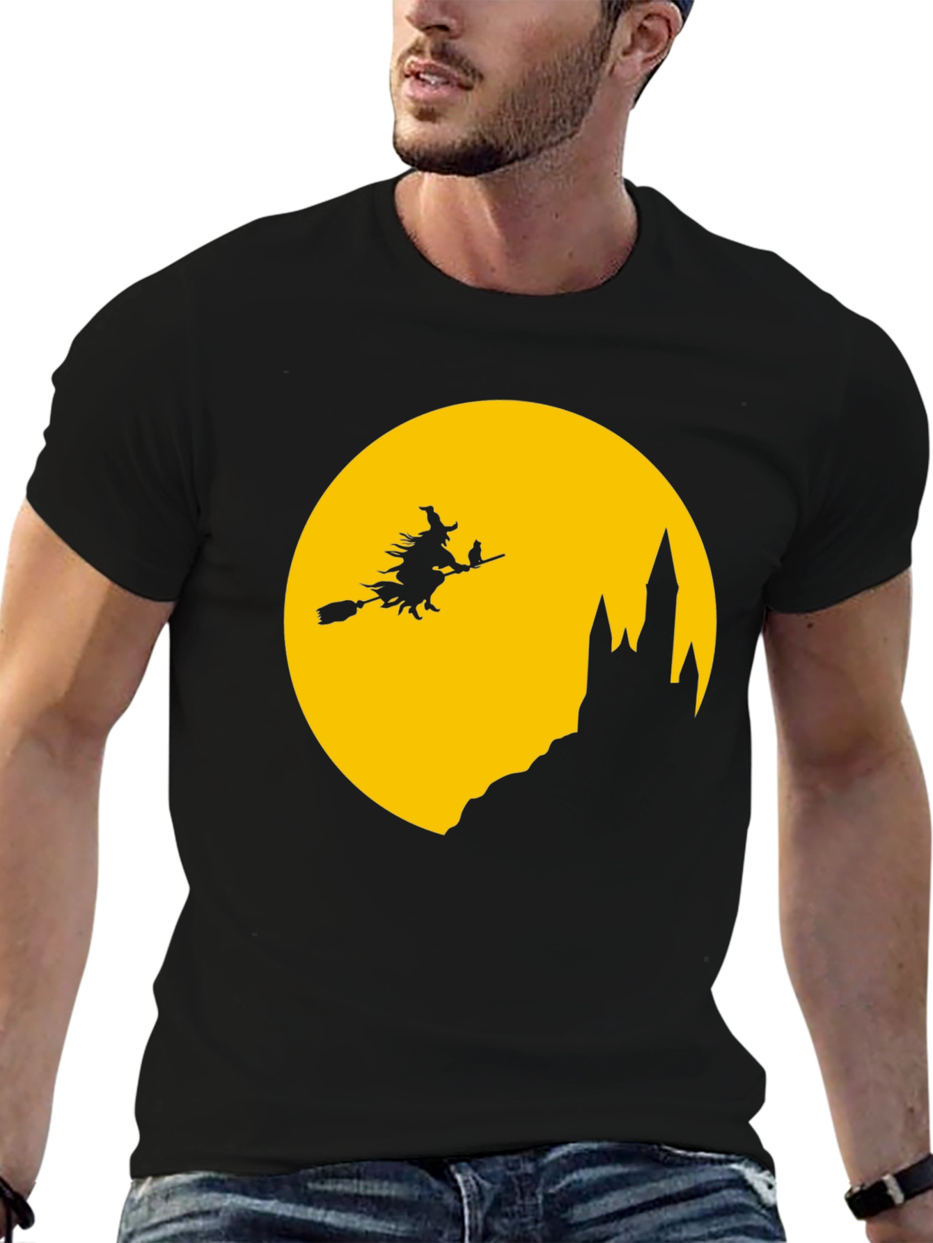 Halloween Witch on Broomstick Black T-Shirt