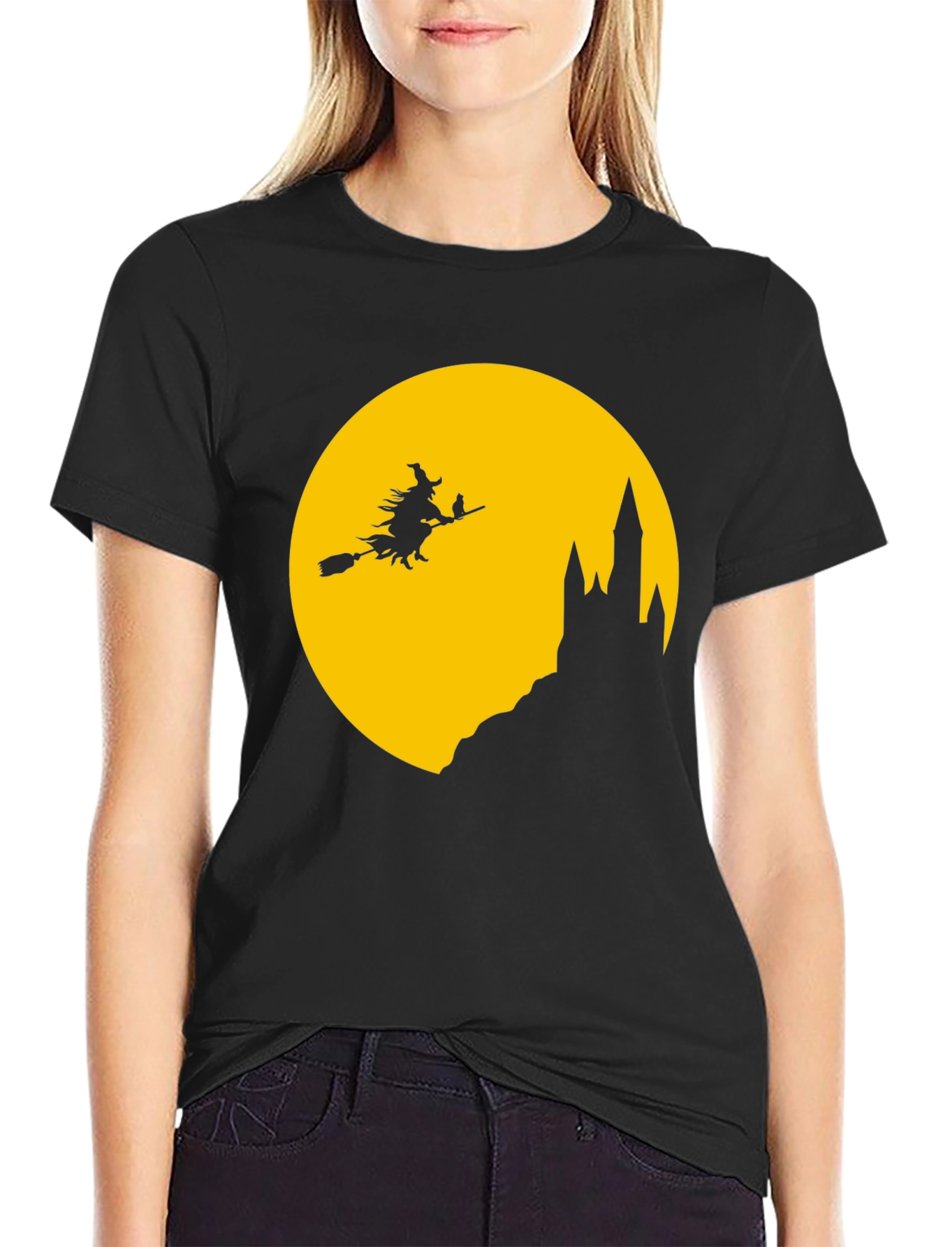 Halloween Witch on Broomstick Black T-Shirt